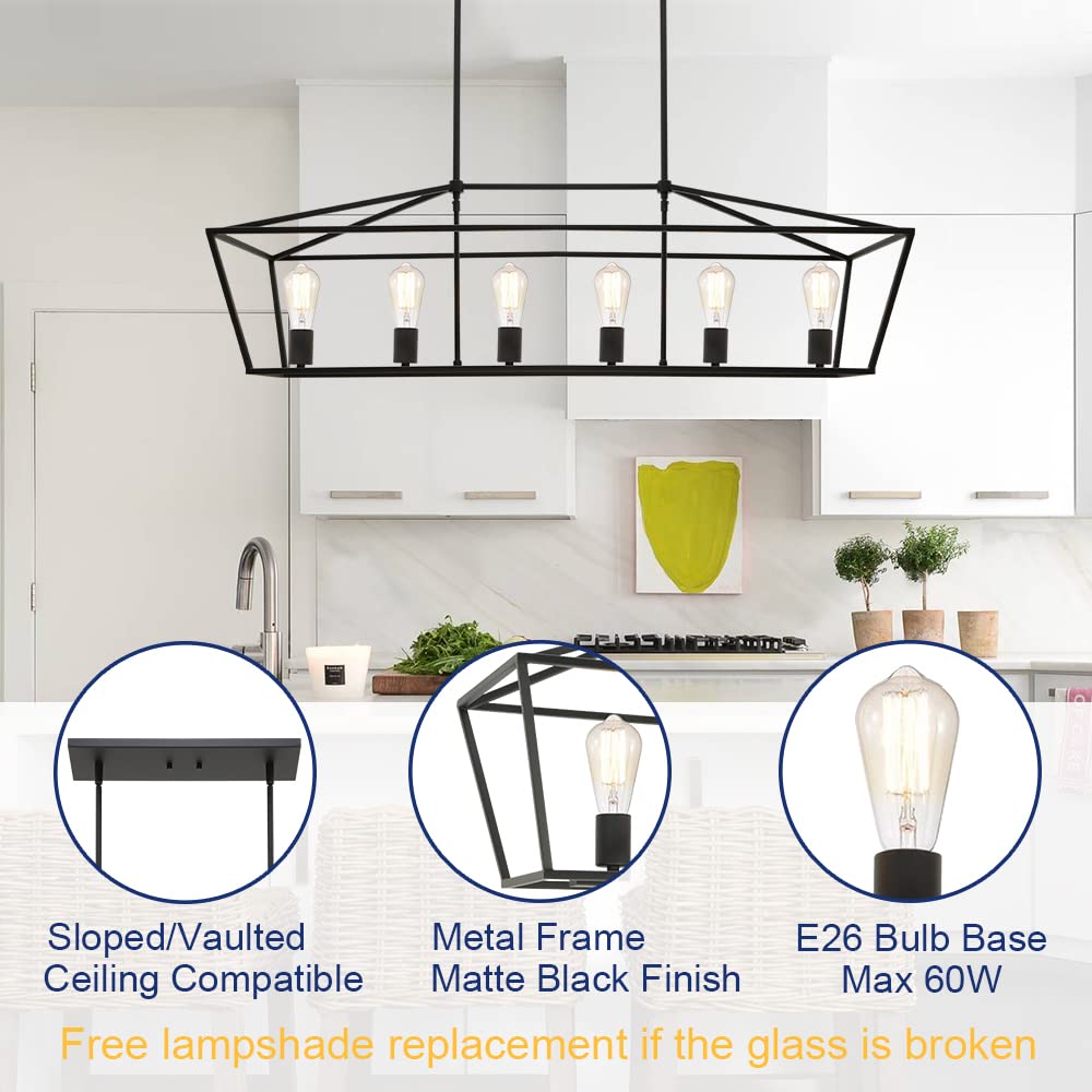 6-Light Black Kitchen Island Pendant Lighting Fixture - Modern Dining Room Chandelier for Living Room, Pool Table & Bar Counter - Perfect for Home Kitchen, Restaurant & Cafe Lighting Decor