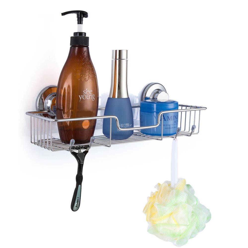 SANNO Vacuum Suction Cups Shower Caddy - Soap Dish & Double Bath Hook for Bathroom Organization - Perfect for Shower, Bath, Kitchen & Dorm Room Storage