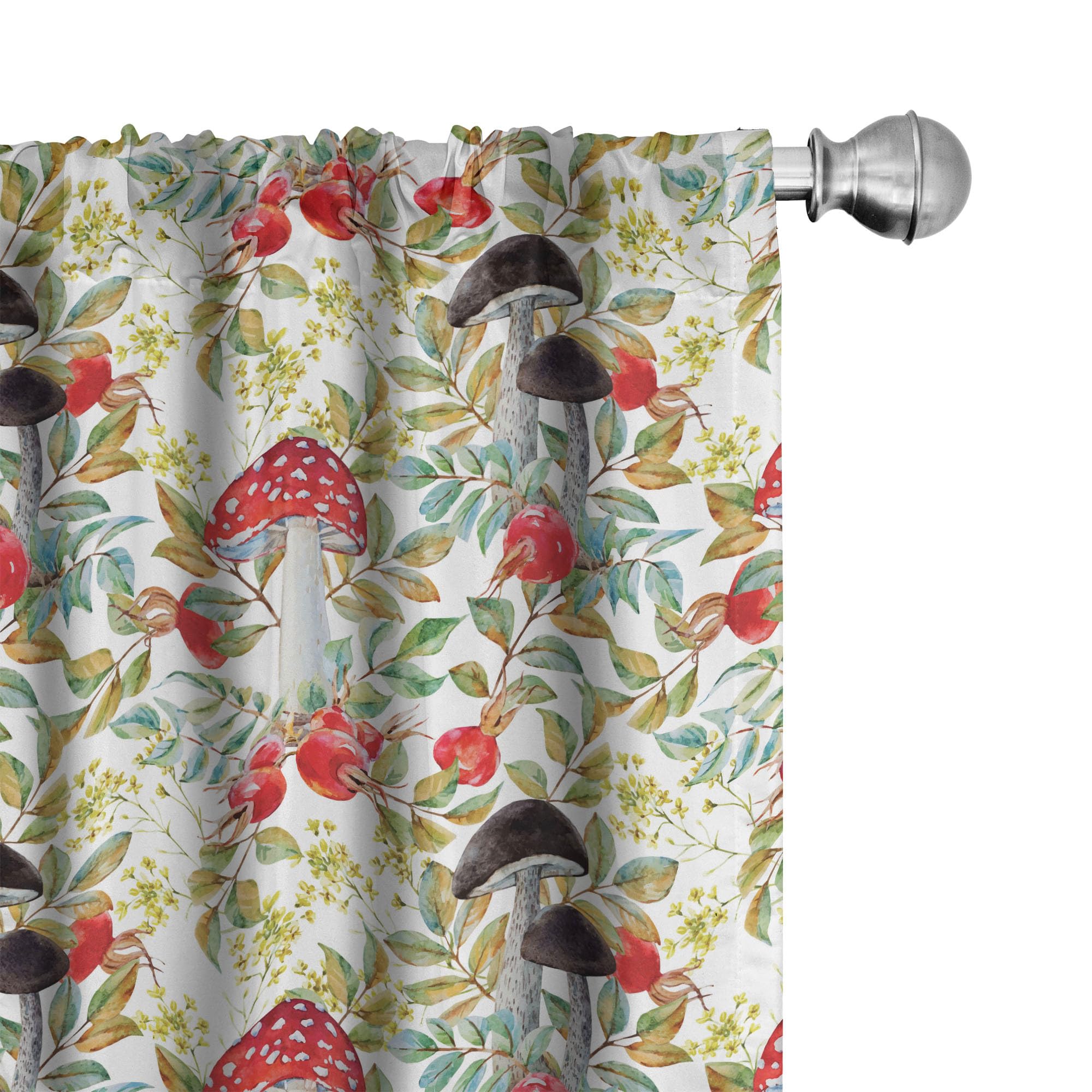 Ambesonne Watercolor Curtains - Hand-Painted Dogrose & Mushroom Autumn Leaves Design, Nature Inspired Window Treatments (2 Panels, 28x63 Inches) for Living Room & Bedroom - Perfect for Fall Decor & Cozy Home Atmosphere