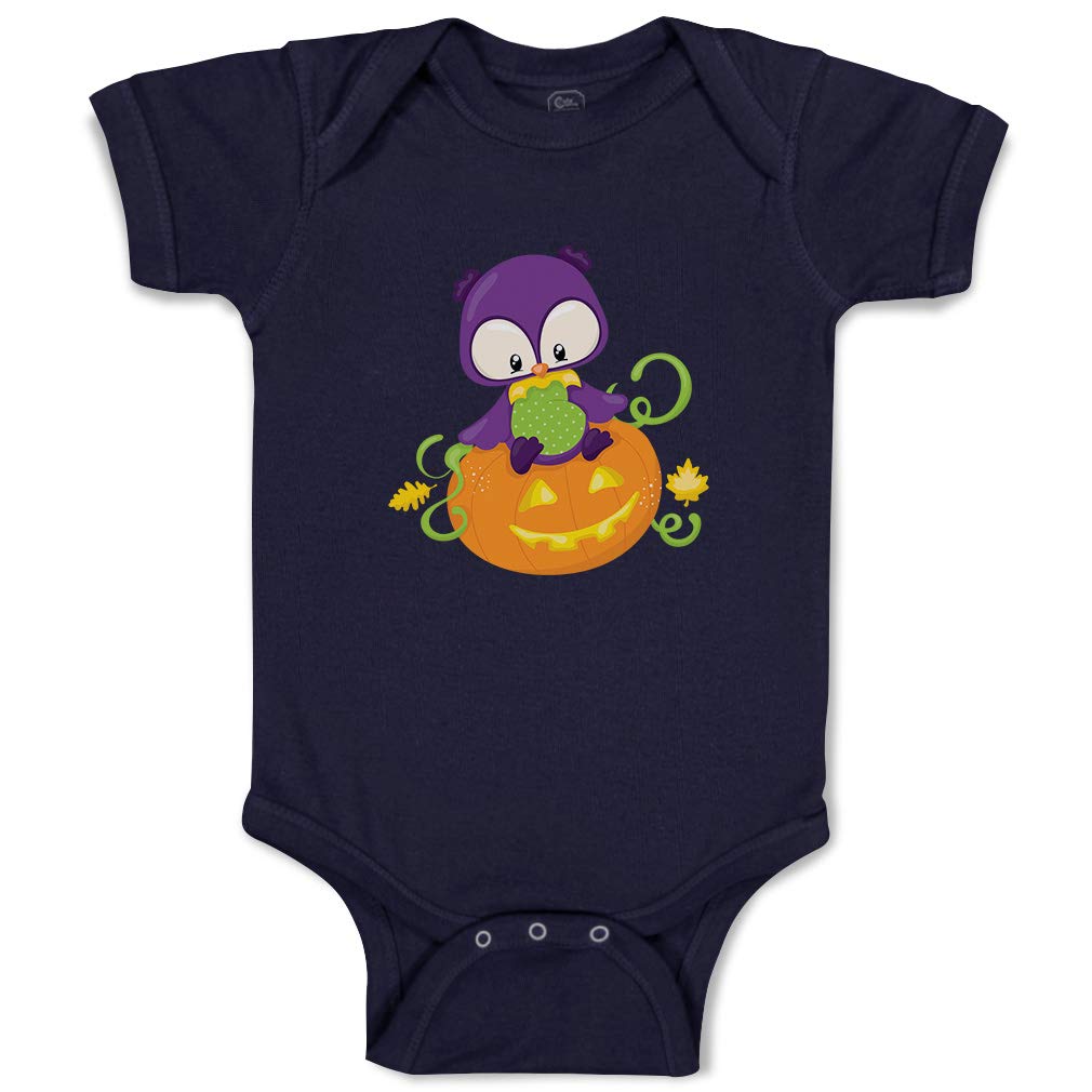 Custom Baby Bodysuit - Magic Owl & Pumpkin Design - Funny Cotton Newborn Clothes for Boys & Girls - Navy Blue - Perfect for Halloween, Photo Shoots & Everyday Wear