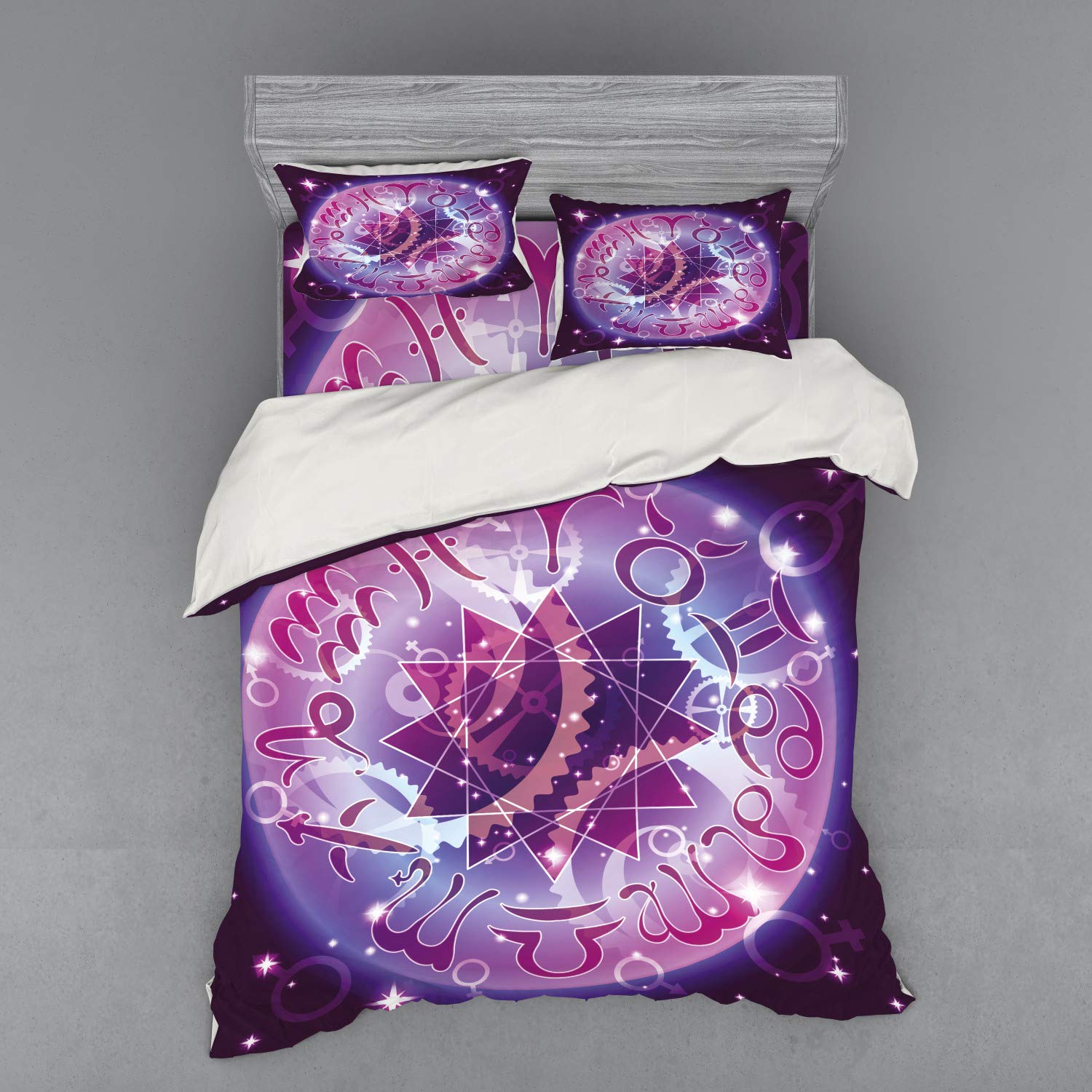 Ambesonne Astrology Duvet Cover Set - Zodiac Circle Space Design with Abstract Gender Signs & Star Center, 4-Piece Queen Size Bedding Set (Shams + Fitted Sheet) in Purple & Pale Blue | Perfect for Zodiac Lovers' Bedroom Decor & Gift Ideas