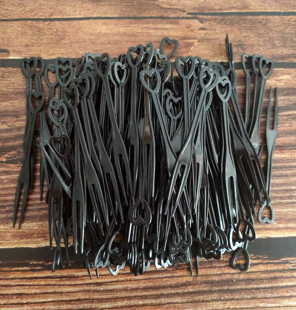 500PCS Disposable Black Heart-Shaped Plastic Cocktail Picks - Mini Cake Forks, Fruit Forks & Appetizer Sticks for Parties, Weddings, Dessert Tasting & Cocktail Garnish
