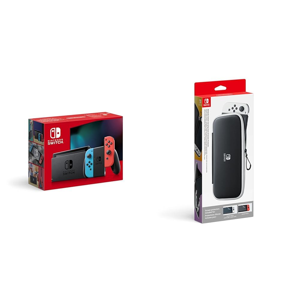 Nintendo Switch Carrying Case & Screen Protector - Black/White + Neon Red/Neon Blue Console - Perfect for Travel, Gaming On-the-Go & Console Protection