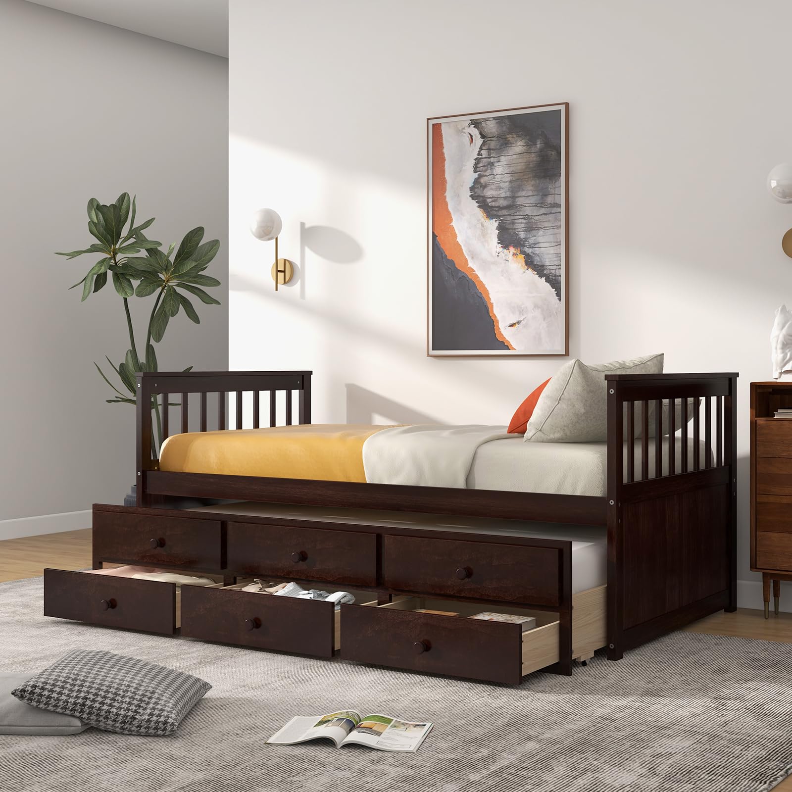 Giantex Twin Captain's Bed with Trundle - Wooden Daybed with 3 Storage Drawers for Kids, Teens & Adults - No Box Spring Needed - Espresso Finish - Perfect for Guest Rooms, Small Bedrooms & Dorm Rooms