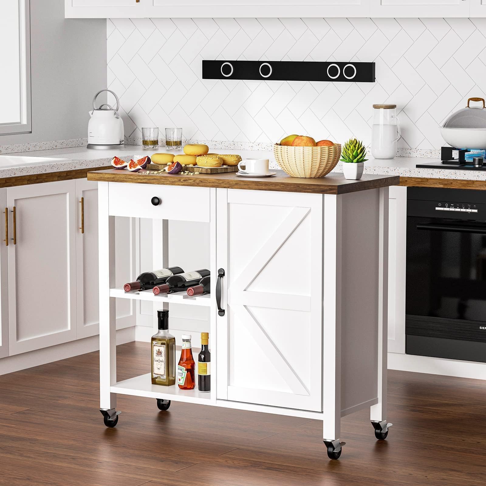 4 EVER WINNER Farmhouse Coffee Cart - Rolling Coffee Bar Cart with Storage Cabinet, Drawer & Adjustable Shelf, White Kitchen Island for Living Room, Dining Room & Kitchen - Perfect for Serving Coffee, Tea, Wine & Breakfast Snacks