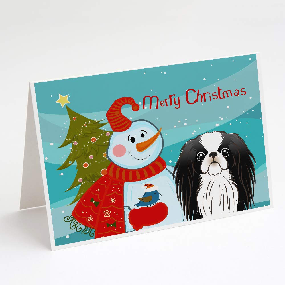 Snowman with Japanese Chin Blank Greeting Cards - Pack of 8 A7 Size (5x7) Note Cards with Envelopes | Whimsical Holiday Stationery for Christmas Gifts, Thank You Notes & Winter Greetings