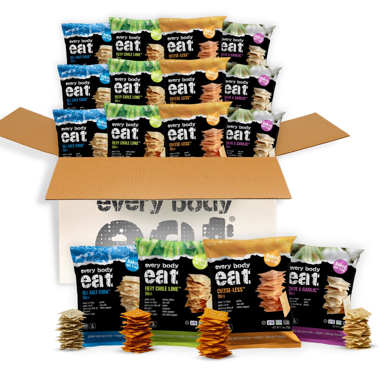 Every Body Eat Snack Thins Variety Pack - 20 Count | Gluten Free, Dairy Free, Vegan Snacks | Perfect for School Lunches, Office Snacks & On-the-Go Healthy Eating