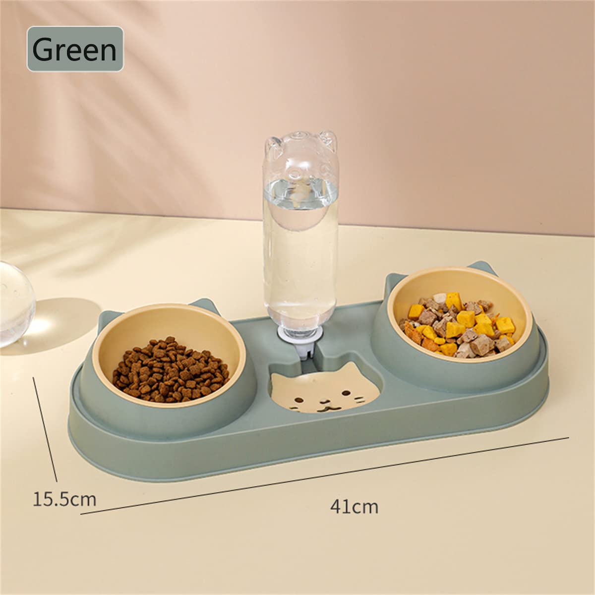 Triple Elevated Cat Bowls with Water Dispenser - 3-in-1 Automatic Pet Feeder for Cats & Small Dogs - Raised Plastic Food & Water Dish Set for Wet/Dry Food (Dark Green) - Perfect for Home, Kitchen & Travel Use