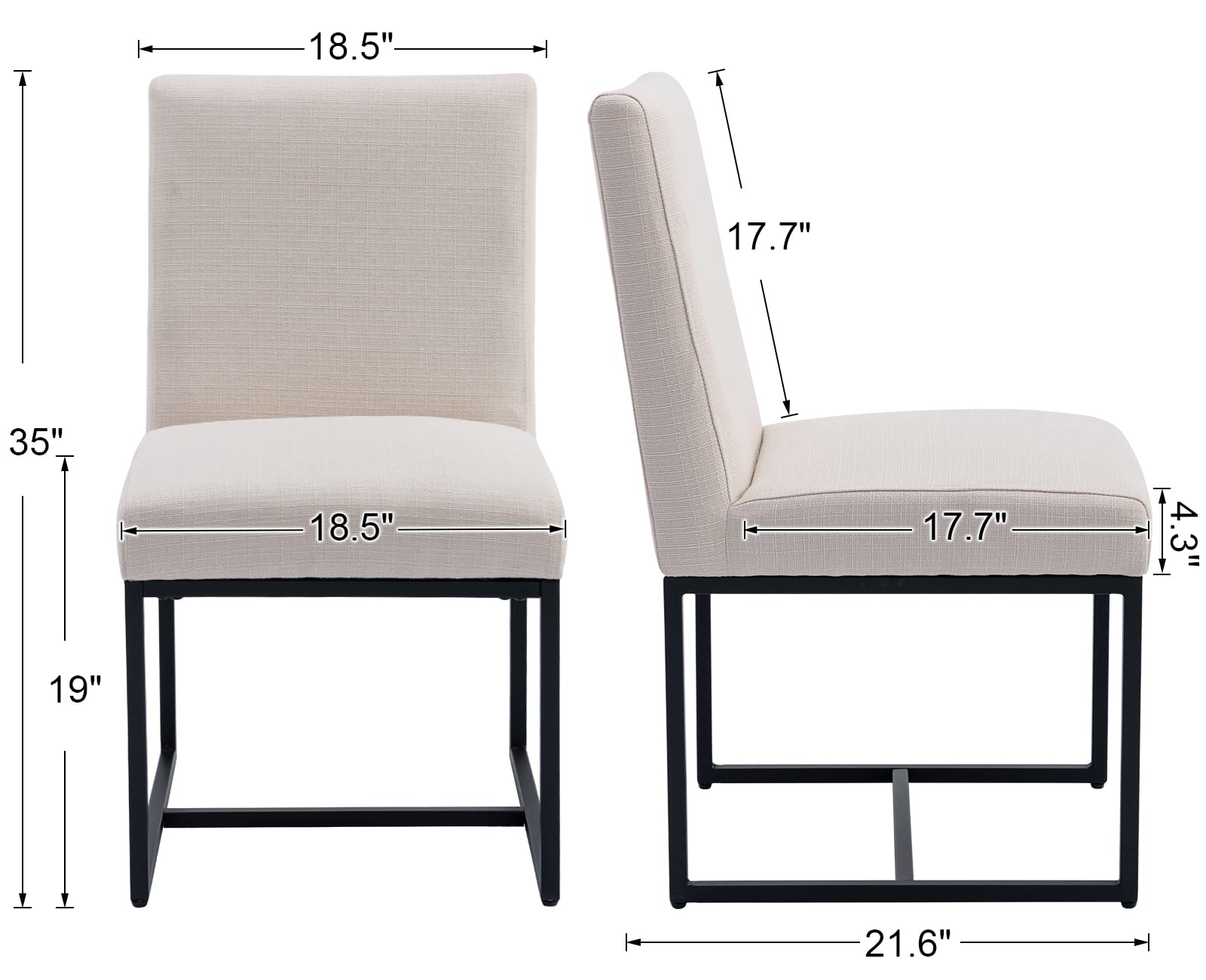 Modern Fabric Dining Chairs Set of 2 - Linen Upholstered Mid Century Kitchen Chairs with Black Metal Legs - Beige Dining Room Chairs for Home, Restaurant & Office Use