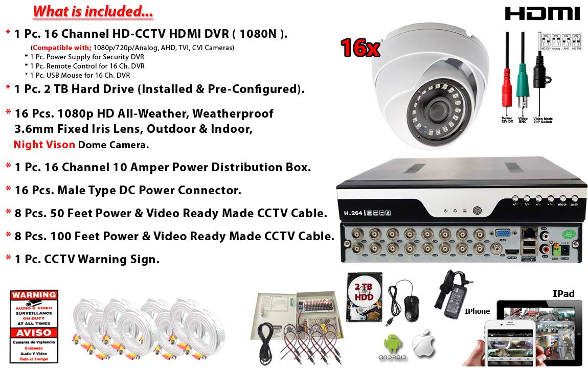 Evertech 16 Channel 1080p HD Security Camera System with 2TB HDD & 16 Weatherproof Dome Cameras - Indoor/Outdoor Surveillance with 2.8mm Wide Angle Lens for Home, Business & Property Protection