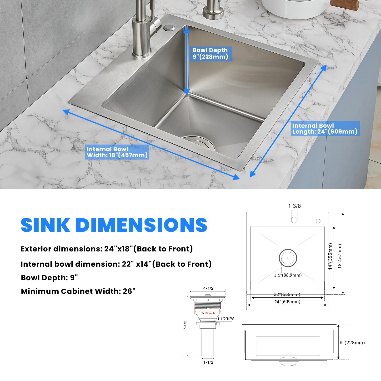 POPFLY 24×18 Inch Topmount Handmade Single Bowl 18 Gauge 304 Stainless Steel Kitchen Sink, Brushed Finish, Overmount Design for Modern and Farmhouse Kitchens