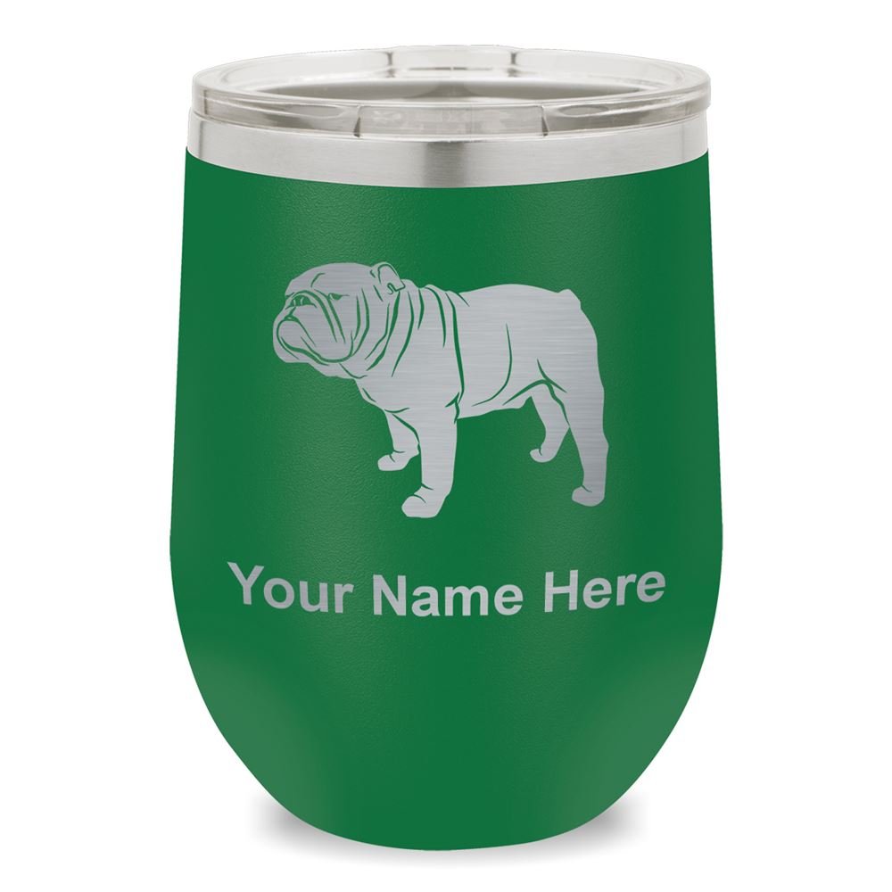 Personalized Bulldog Dog Wine Glass Tumbler with Engraving - Green - Perfect for Pet Lovers, Gifts & Wine Tasting Parties