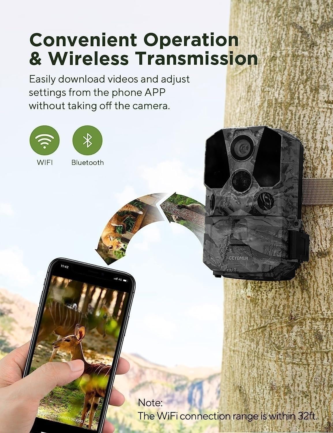 CEYOMUR 4K 40MP WiFi Bluetooth Trail Camera with 120° Motion Sensor, 0.2s Trigger Time & Night Vision - IP66 Waterproof Game Camera for Wildlife Monitoring, Hunting, and Outdoor Security Surveillance