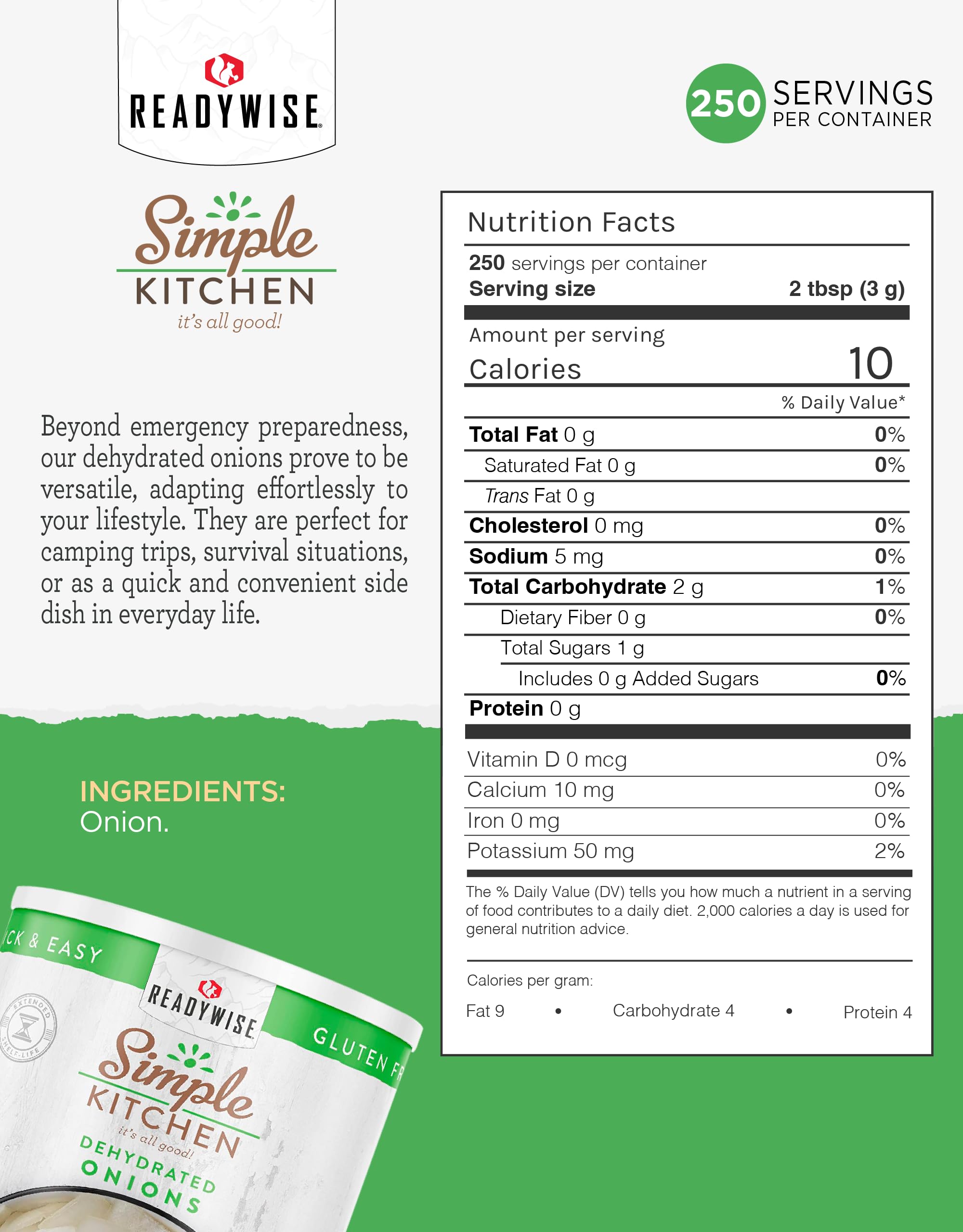 ReadyWise Freeze Dried Chopped Onions - 250 Servings, Gluten Free Emergency Food Supply in #10 Can for Camping, Survival & MRE - Long Shelf Life Dehydrated Onions for Cooking, Baking & Food Storage