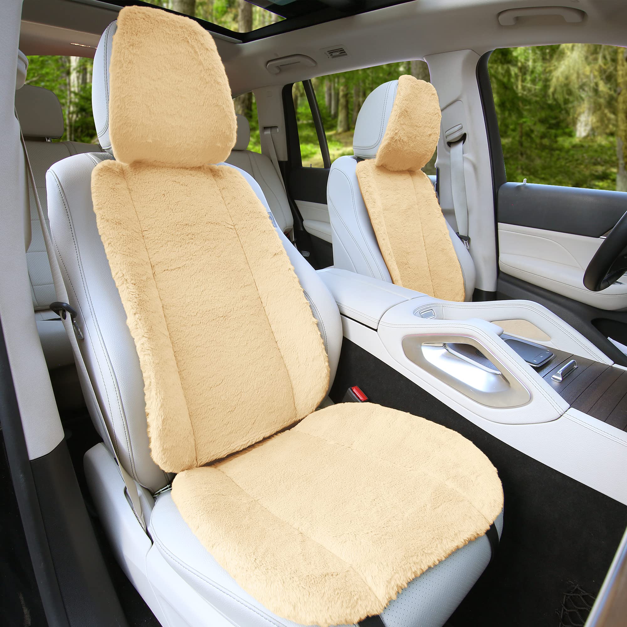 Premium Faux Rabbit Fur Car Seat Cushion - Soft Beige Doe16 Design for Cars, Trucks, SUVs & Vans - Enhance Comfort for Long Drives & Road Trips