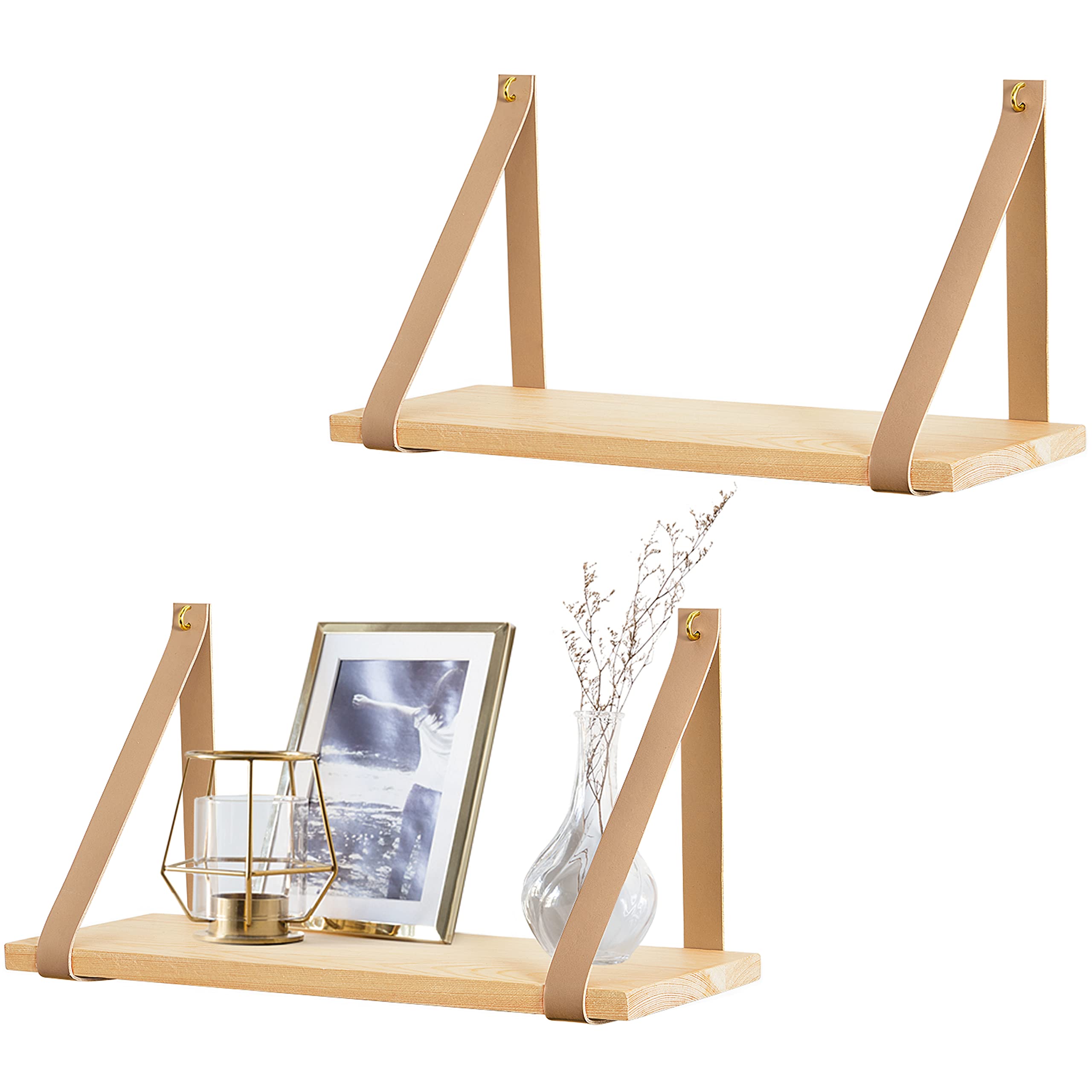 **Mkono Floating Wall Shelf Set of 2 - Wooden Hanging Storage Shelves with Leather Straps for Nursery, Bedroom, Living Room & Bathroom - Perfect for Organizing Books, Decor & Essentials**