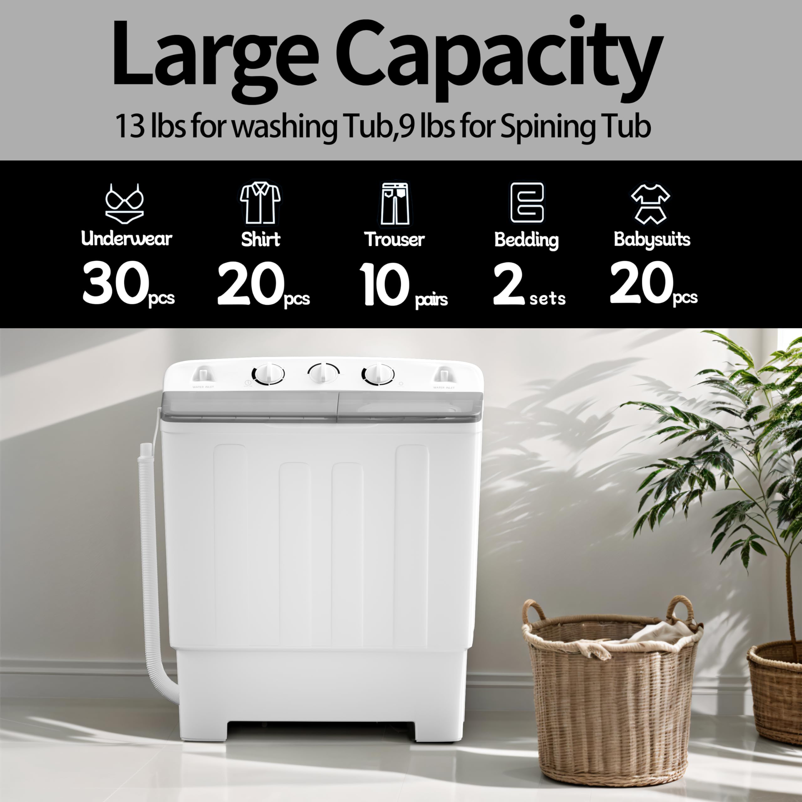 Portable Mini Twin Tub Washing Machine with Spin Dryer - 13lbs Washer & 9lbs Spinner - Compact Laundry Solution for Apartments, Dorms, RVs - Perfect for Small Spaces & Travel Use