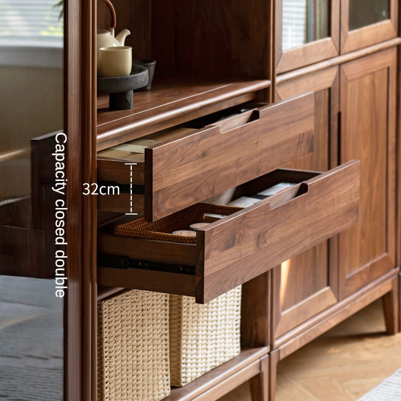 Premium Black Walnut & Ash Solid Wood Bookcase with Dust-Proof Glass Doors - Stylish Home Office & Living Room Storage Solution