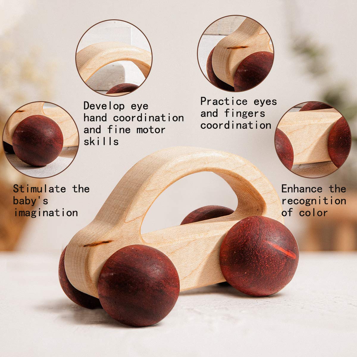 Promise Babe 2-Piece Wooden Rattle & Push Car Set - Organic Natural Wood Montessori Toys for Babies & Newborns - Perfect Baby Shower Gift for Early Learning & Sensory Play
