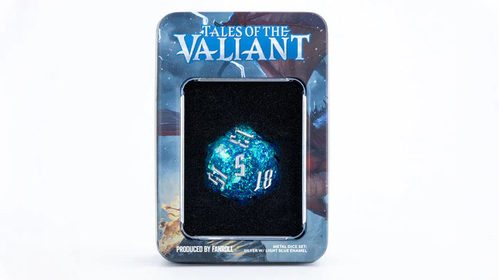 35mm Single d20 Dice - Tales of the Valiant RPG Dice Set in Light Blue & Silver | Perfect for Dungeons & Dragons, Pathfinder, and Tabletop Roleplaying Games