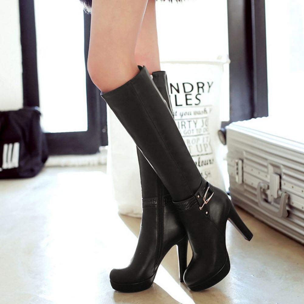 Scarouki Women's Elegant Mid-Calf Boots with Block Heels - Stylish Platform High Boots for Fall Fashion, Office Wear & Night Out