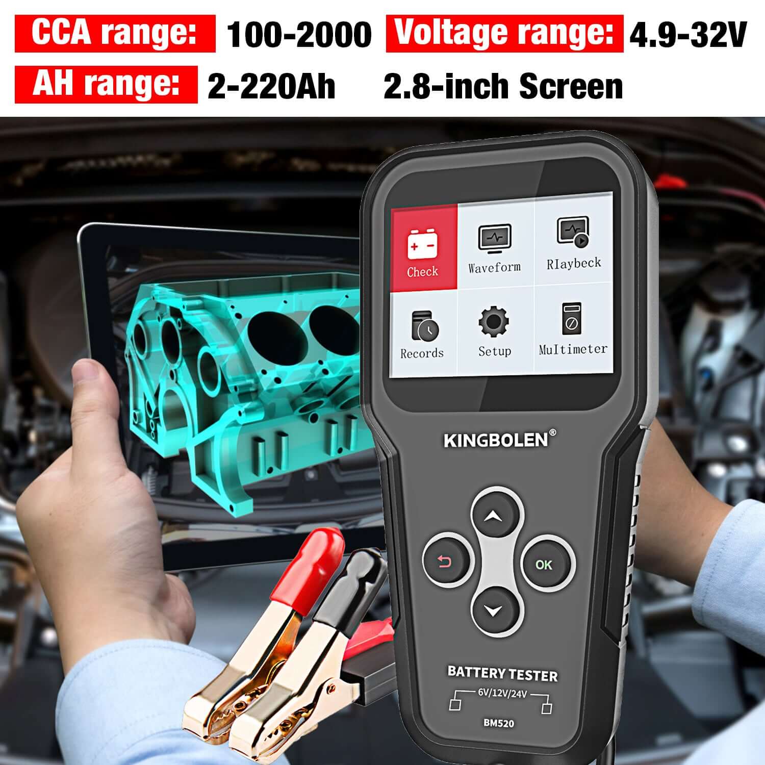 KINGBOLEN® BM520 6V 12V 24V Car Battery Tester - Digital Automotive Battery Analyzer for Cars, Trucks & Motorcycles - Perfect for Home Mechanics & Auto Shops