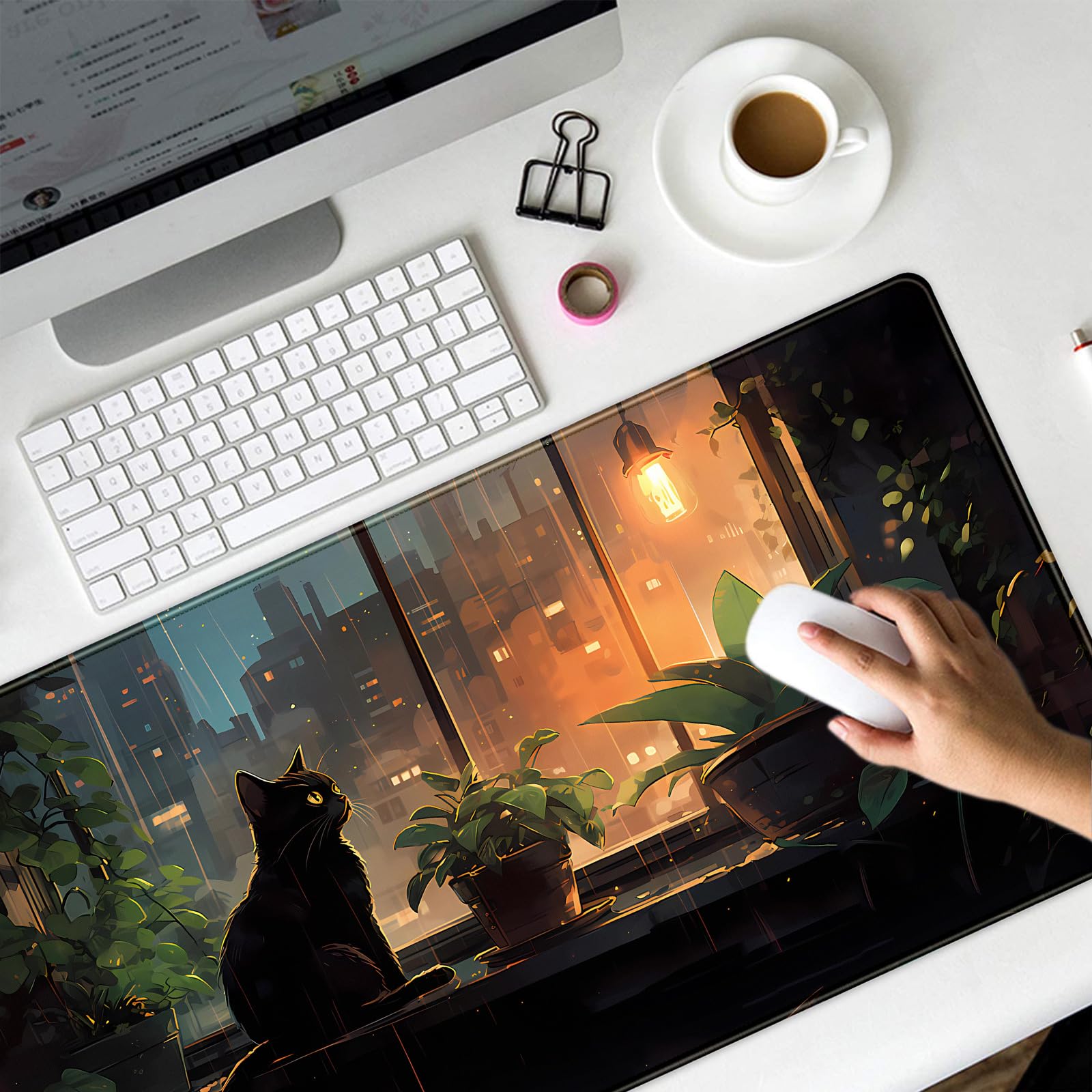 Black Cat Anime Desk Mat - Large Gaming Mouse Pad with Green Plants for Women, Perfect for Laptop & Desktop Decor