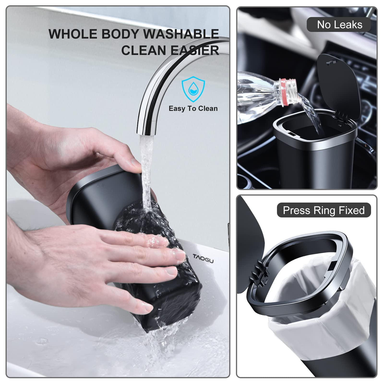Mini Car Trash Can with Lid - Waterproof Small Garbage Bin for Car, Home, Office & Travel - Includes 3 Rolls Mini Trash Bags - Fits Cup Holders - Perfect for Snacks, Tissues & Small Waste (Square Black)