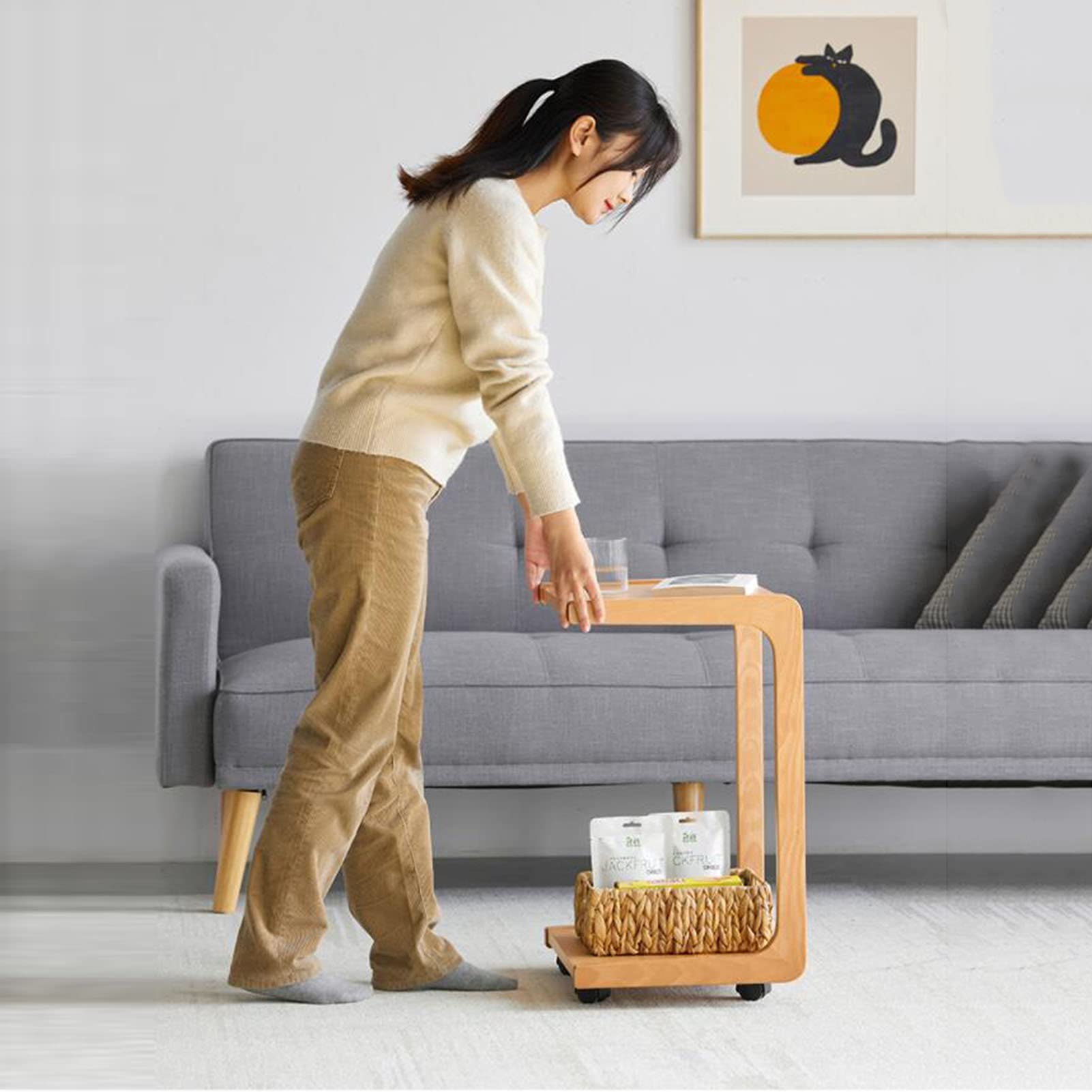 FUFU C-Shaped Side Table with Wheels - 2-Tier Wooden End Table for Sofa, Couch, Bed - Portable Snack Table for Living Room & Bedroom - Perfect for Small Spaces, TV Dinners, and Reading Nooks
