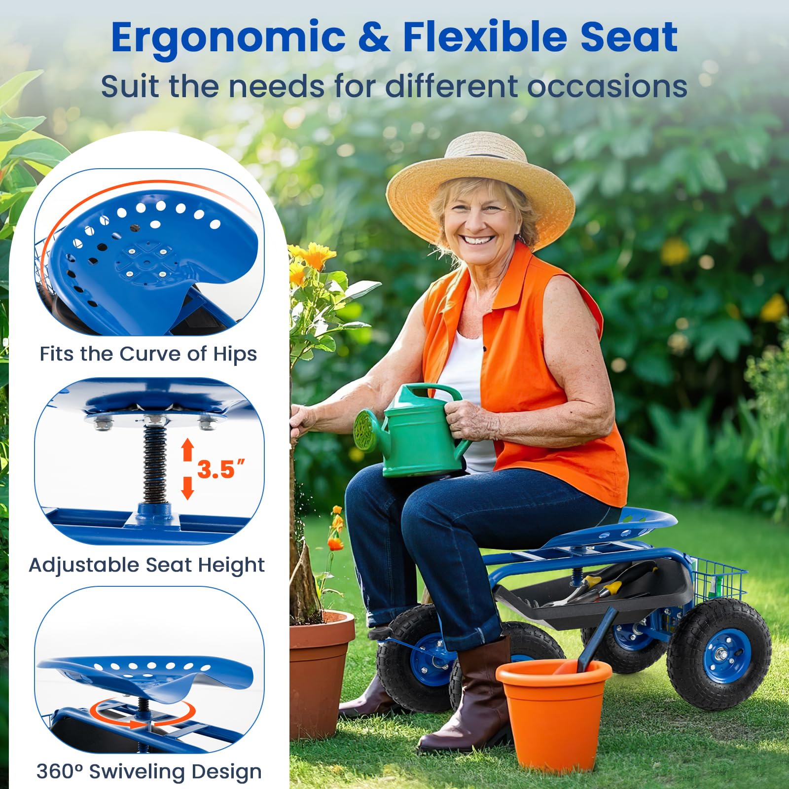 Giantex 360° Swivel Rolling Garden Work Seat with Wheels & Tools Basket - Adjustable Height Gardening Cart for Patio, Lawn, Yard - Outdoor Steerable Stool for Planting, Weeding & Landscaping (Blue)