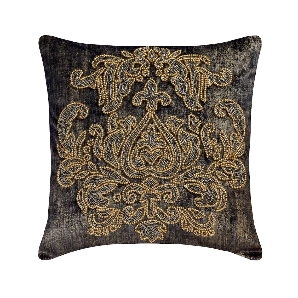 Luxury Velvet Beaded Euro Sham Pillow Cover 26x26 Inch - Gray Damask & Foil Throw Pillow for Sofa, Couch, Bed - Victorian Style Home Decor with Abstract Pattern (Perfect for Halloween Decorations & Living Room Accent)