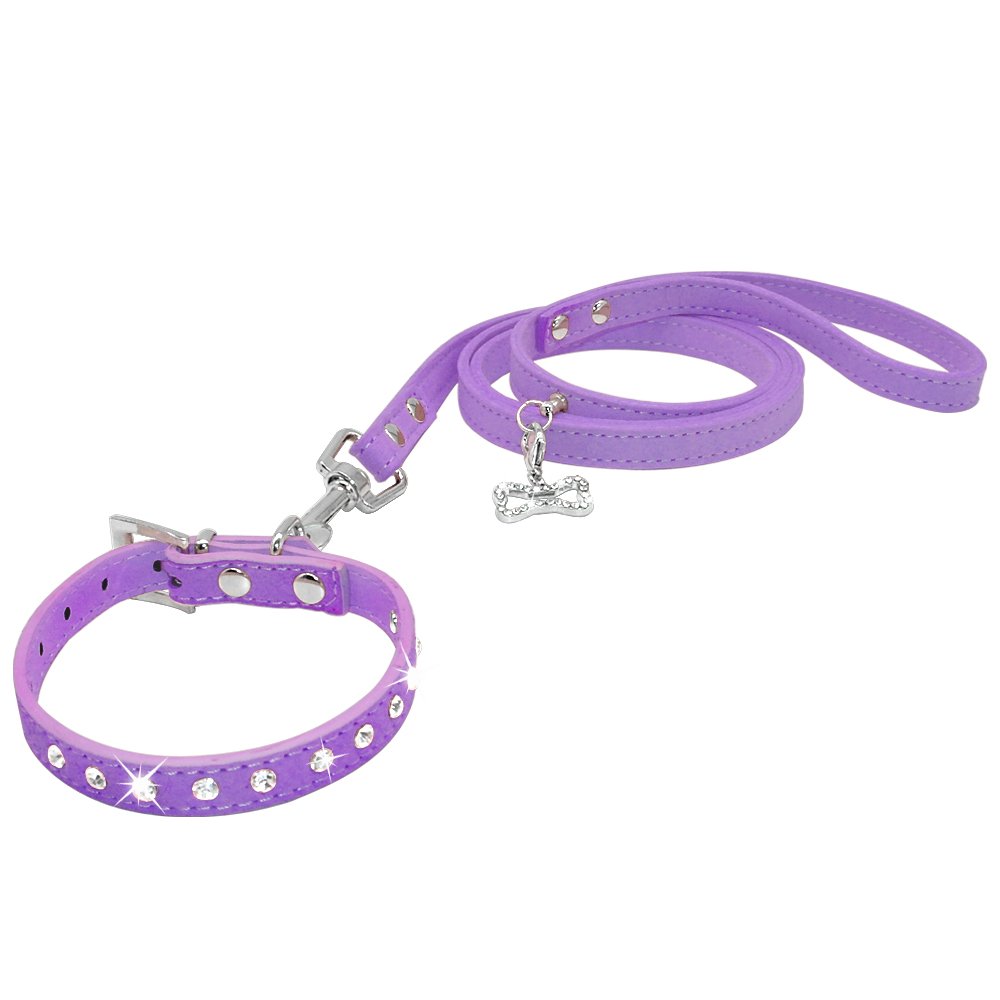 Sparkly Rhinestone Studded Leather Dog Collar & Leash Set with Suede Skin - 10