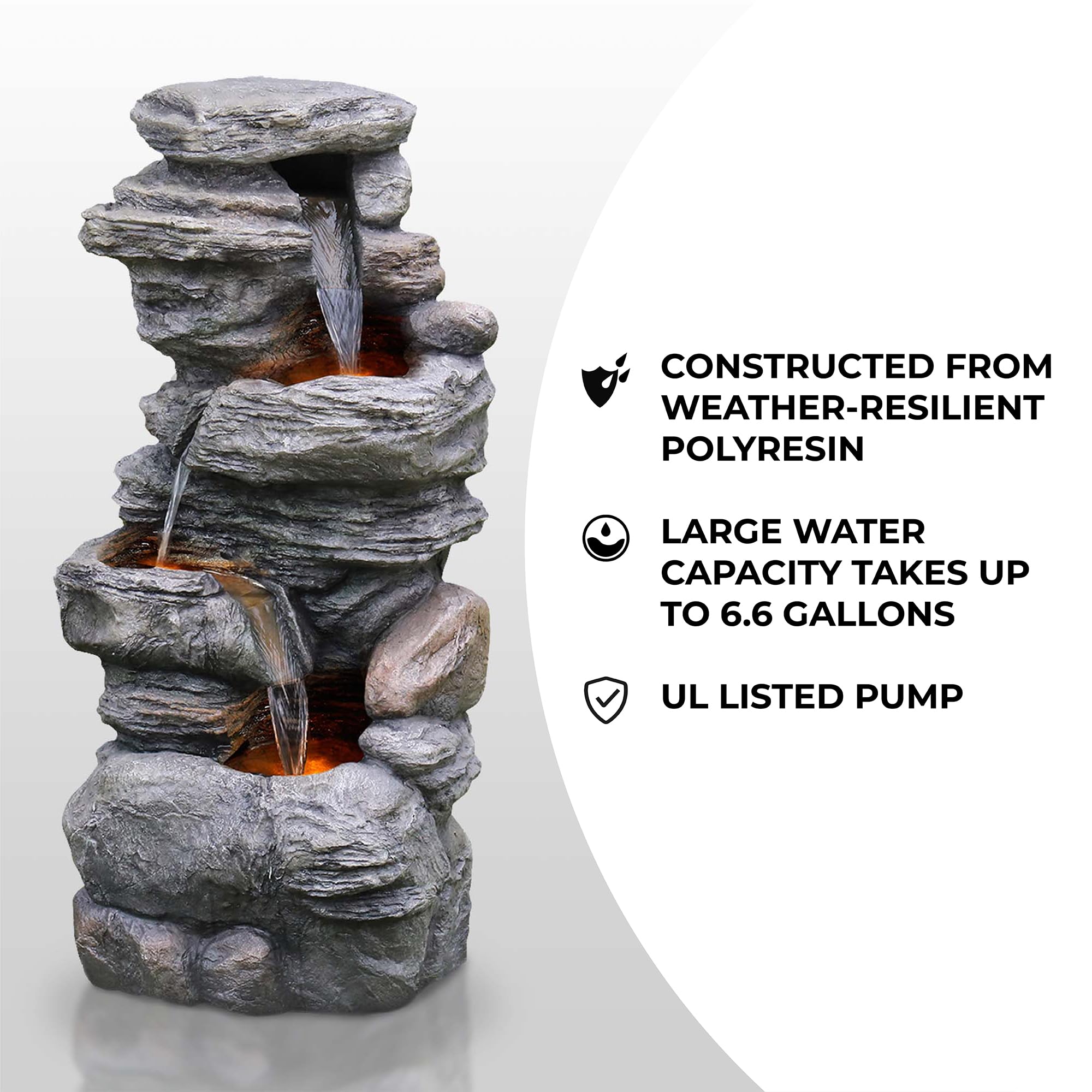 Teamson Home 39.37 Inch Outdoor Gray Faux Stacked Stone 4-Tier Water Fountain with LED Lights and Pump - Perfect for Garden, Patio, and Backyard Decor