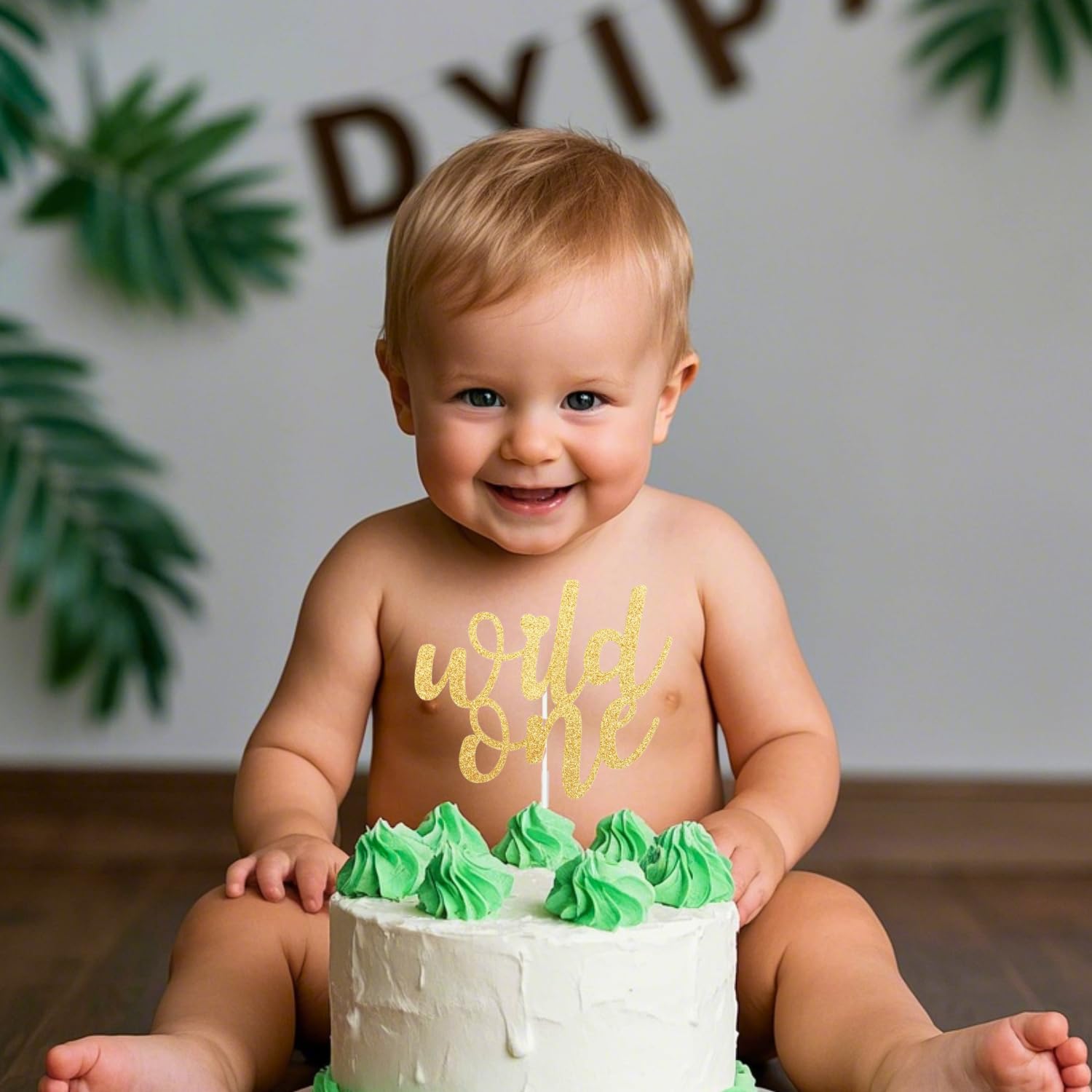 ALISSAR Glitter Double Sided Gold Wide Cake Topper for 1st Birthday Party Decorations - Perfect for Baby Boy and Girl First Birthday Cakes, Cupcakes, and Dessert Tables - Elegant Gold and Glitter Design for Celebrations