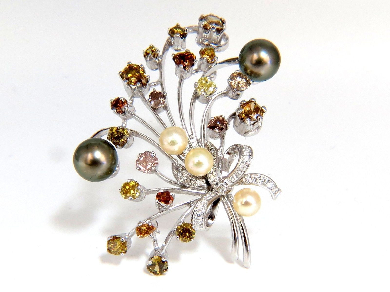 6.00ct Natural Fancy Color Yellow Orange Brown Pink Diamond Brooch with Pearl - Elegant Jewelry for Weddings, Parties & Special Occasions