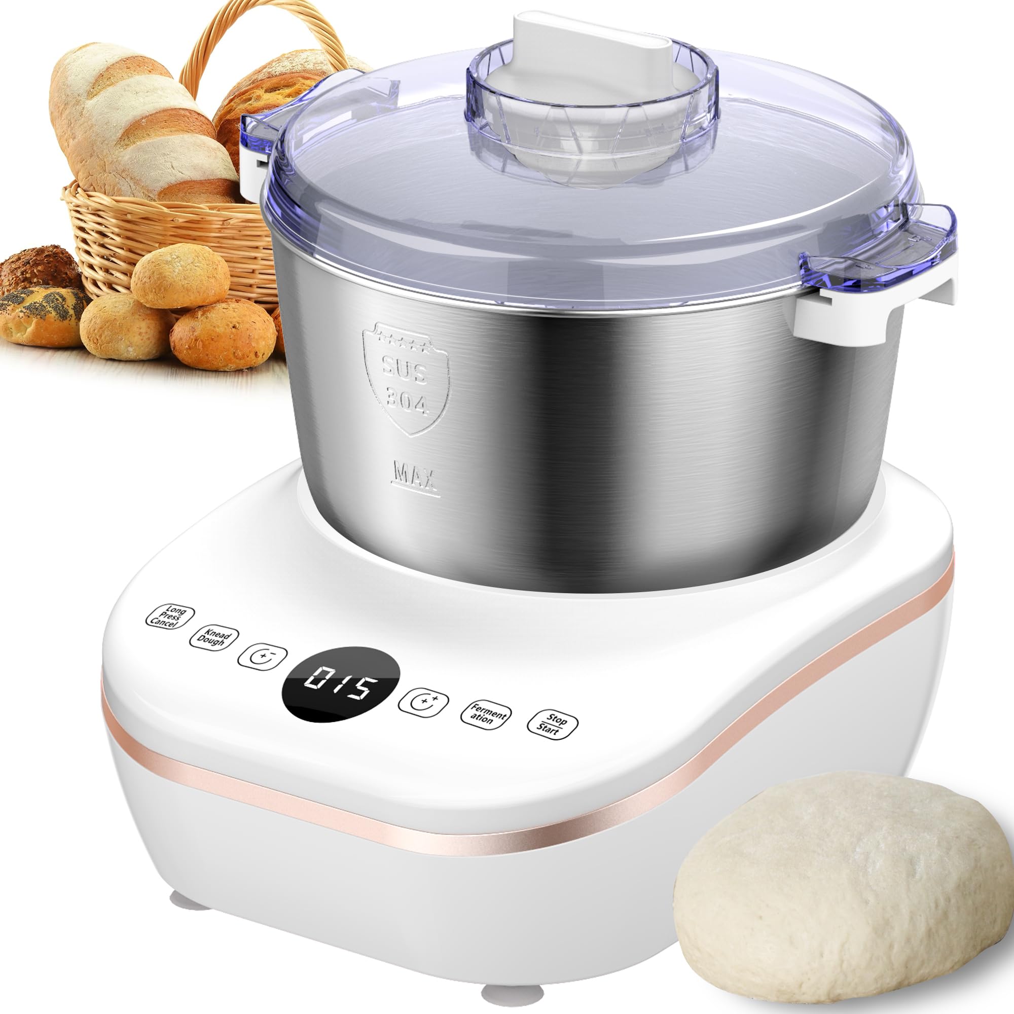Electric Dough Mixer with Ferment Function - 5.2QT (5L) Stainless Steel Stand Mixer for Bread, Pizza, Toast - Perfect for Home Baking, Holiday Gifts & Christmas Presents - Ideal for Kitchens, Bakeries & Holiday Cooking