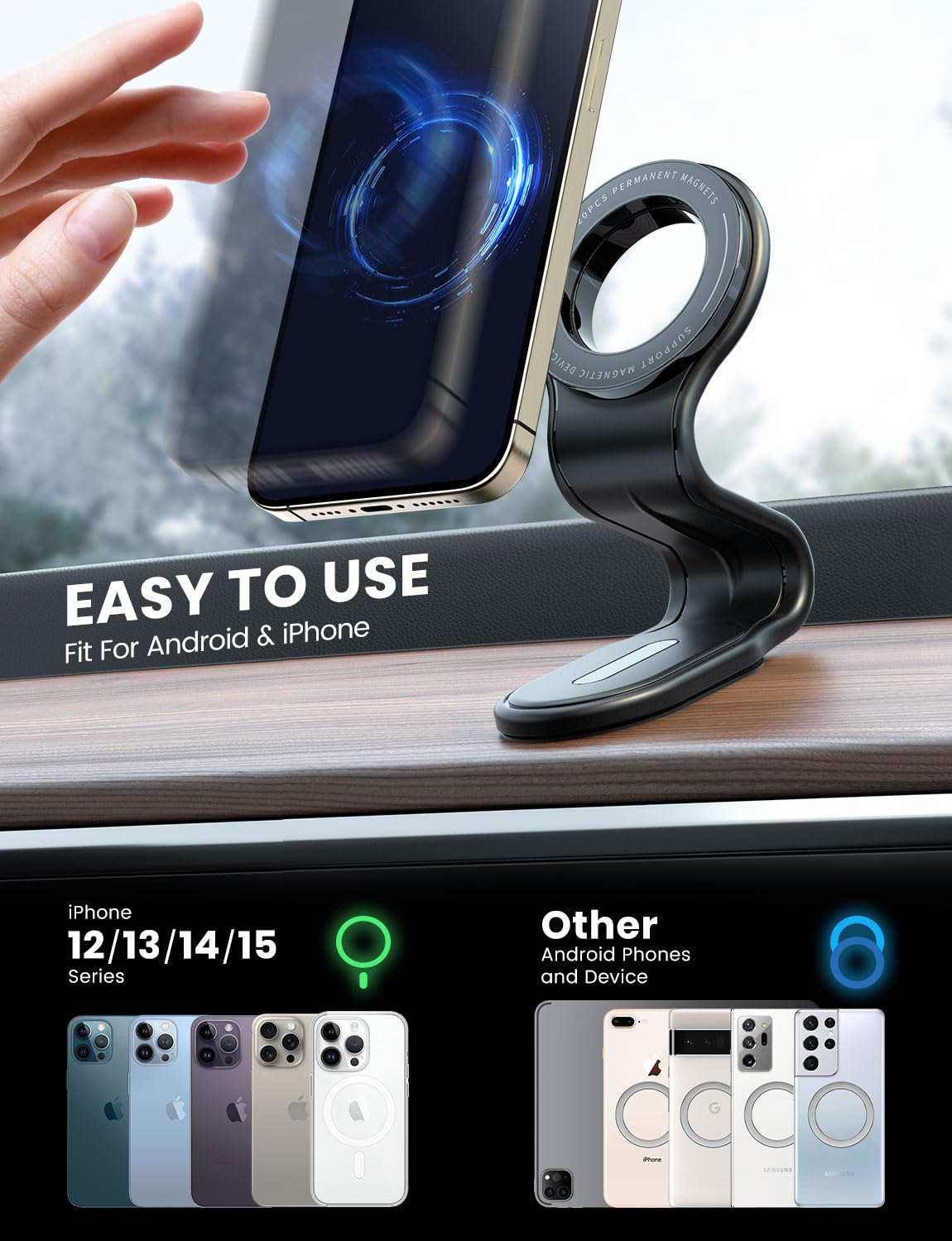 eSamcore MagSafe Car Mount - 20 Magnets, Bendable Aluminum Arm for iPhone 16/15/14/13 | Secure Dash Phone Holder for Driving