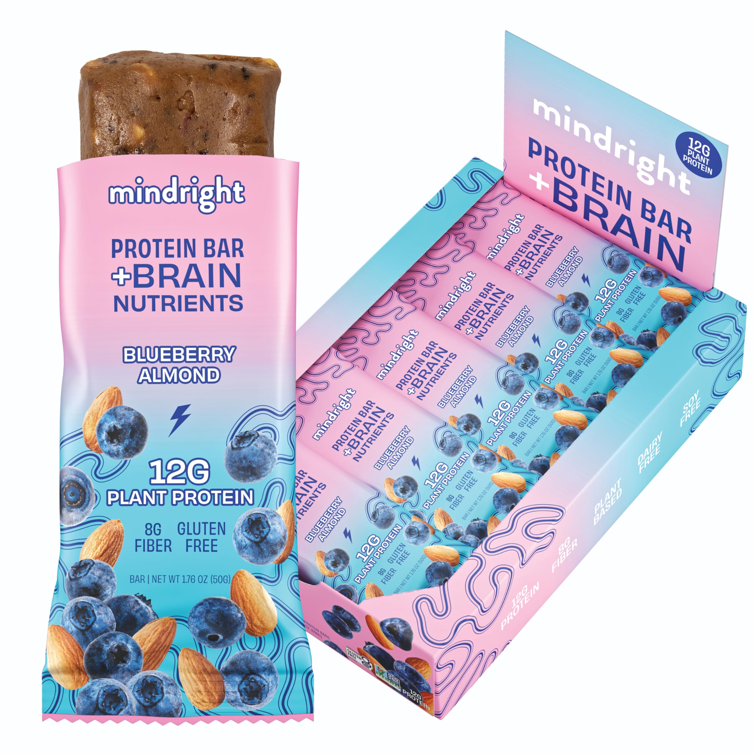 MINDRIGHT Superfood Vegan Protein Bars - Gluten Free, Non-GMO, Low Sugar, Plant-Based Protein Snacks - All Natural Brain Food for Enhanced Mood & Energy (Blueberry Almond, 12 Pack) | Perfect for Workouts, Hiking & Healthy On-the-Go Snacking