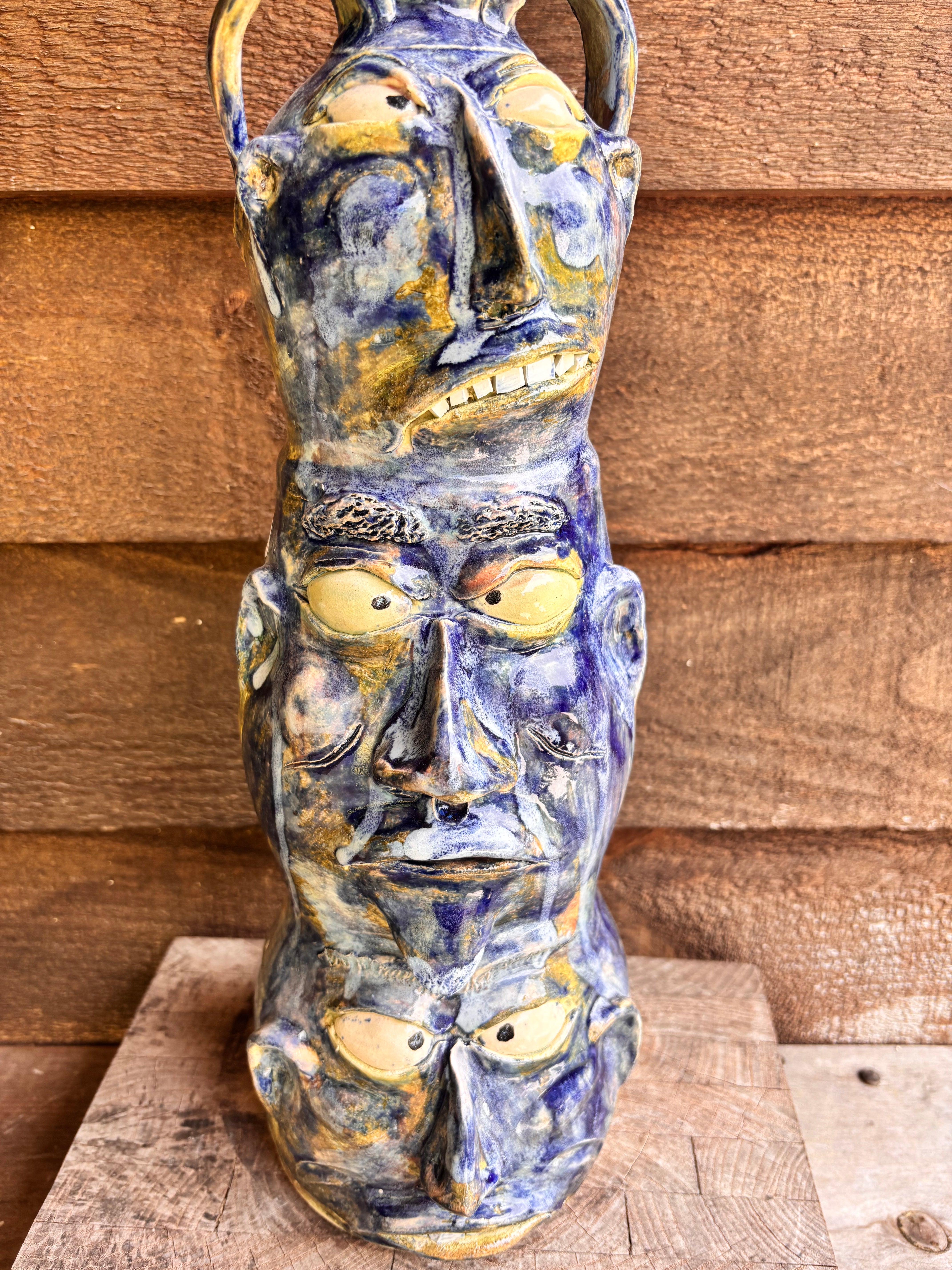 Wayne Hewell Triple Totem 14 Face Ceramic Jug - Handcrafted Tribal Art Pottery for Home Decor, Collectibles & Spiritual Altar Use