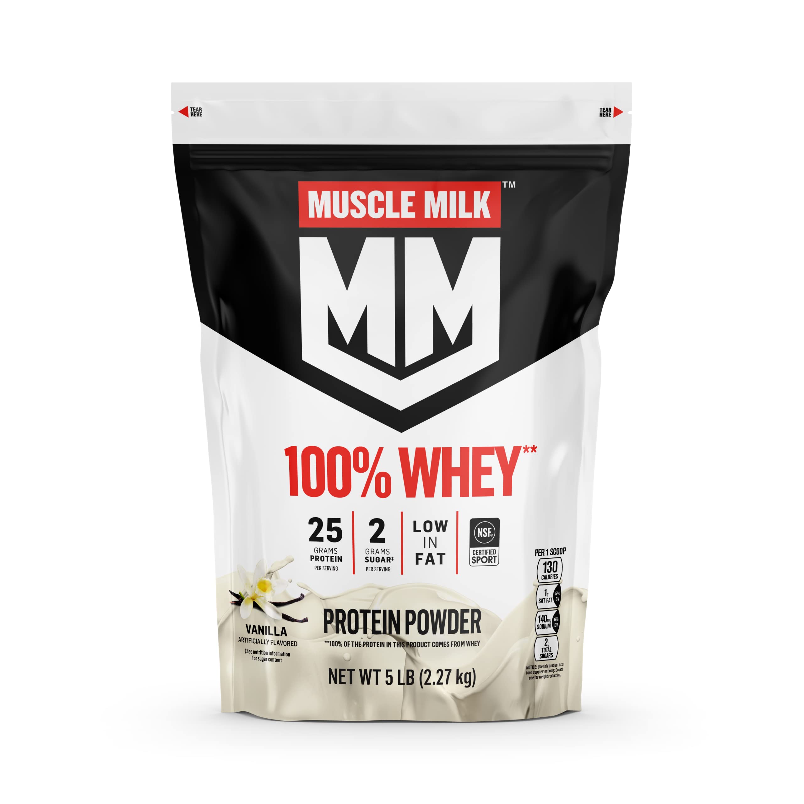 Muscle Milk 100% Whey Protein Powder - Vanilla Flavor (5lb, 68 Servings) | 25g Protein, 2g Sugar, Low Fat | NSF Certified for Sport | Post-Workout Recovery & Energy Boost | Ideal for Gym, Weight Training & Healthy Snacking | Packaging May Vary
