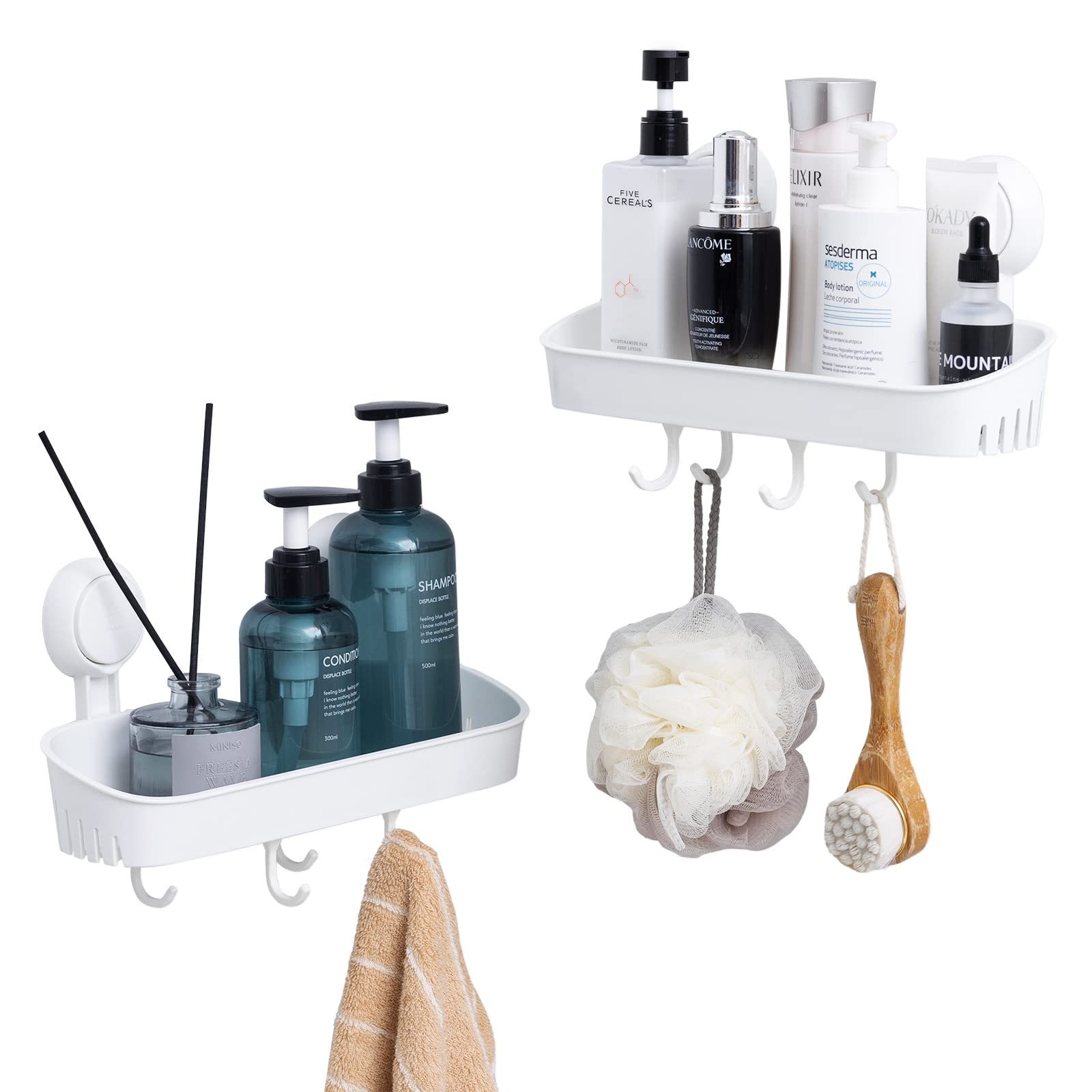 LEVERLOC Shower Caddy with 4 Hooks - 2 Pack Suction Cup Bathroom Shelf - No Drill Plastic Wall Mounted Storage Organizer - Quick 1 Second Installation, Removable & Reusable - Perfect for Small Bathrooms, Apartments, Dorms, and RVs