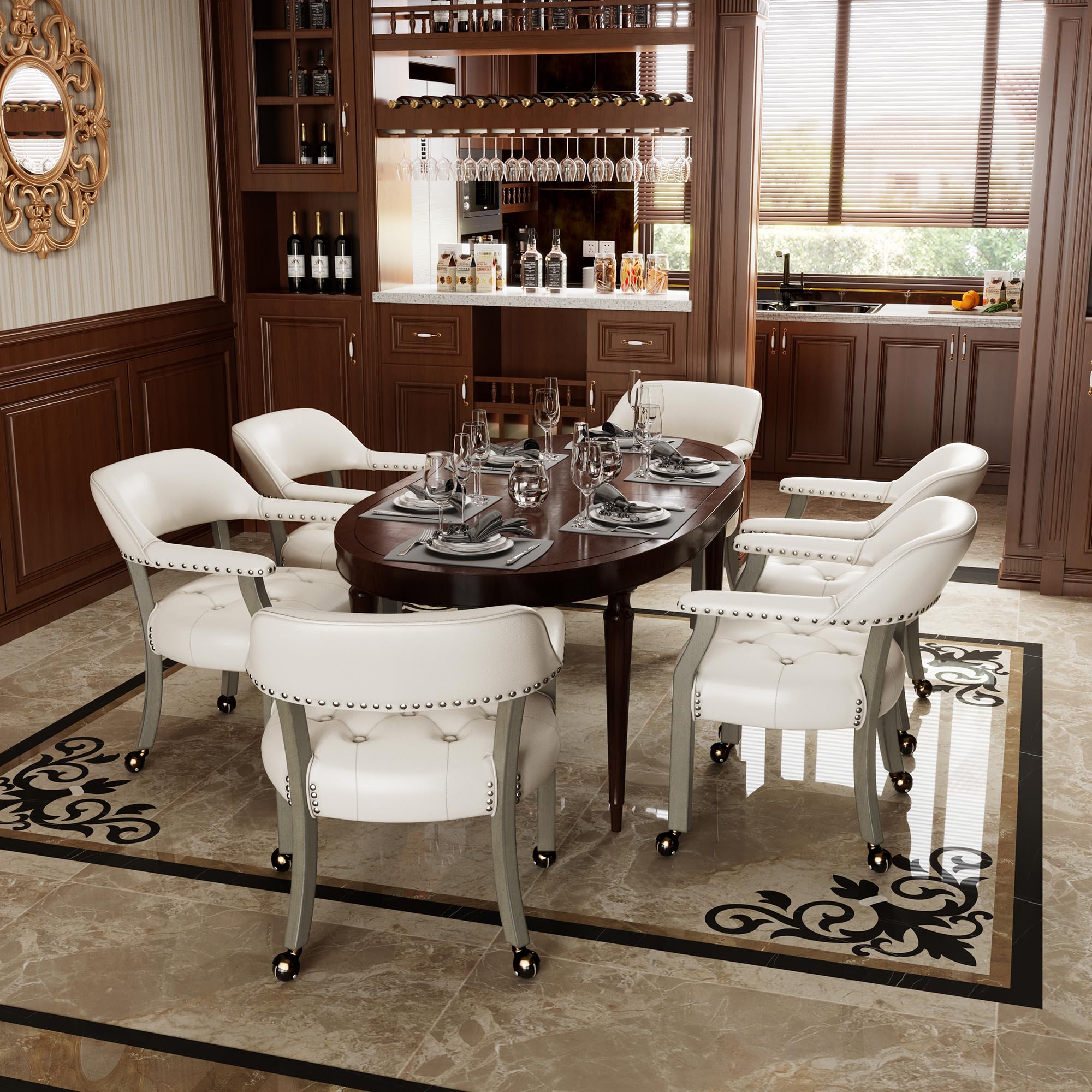 4-Pack Rolling Dining Chairs with Casters - Curved Backrest Captain's Chairs with Smooth Rollers for Kitchen, Office & Game Room - Antique Grey & Ivory White - Perfect for Dining, Poker Nights & Home Office Use