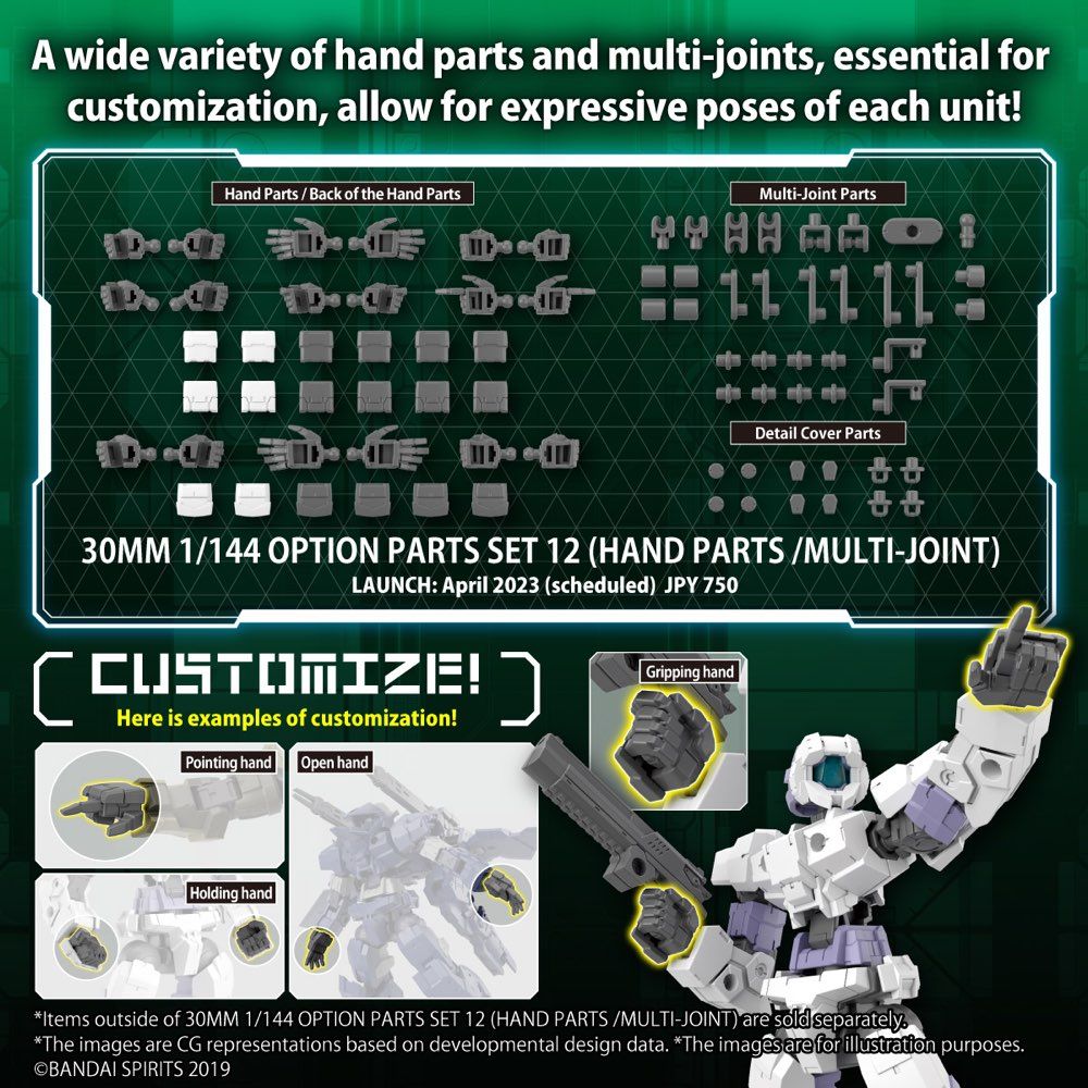 Bandai 30 Minutes Missions 30MM #W23 1/144 Scale Option Part Set 12 - Hand Parts & Multi Joint Model Kit for Custom Builds | Perfect for Gundam & Mecha Customization Projects