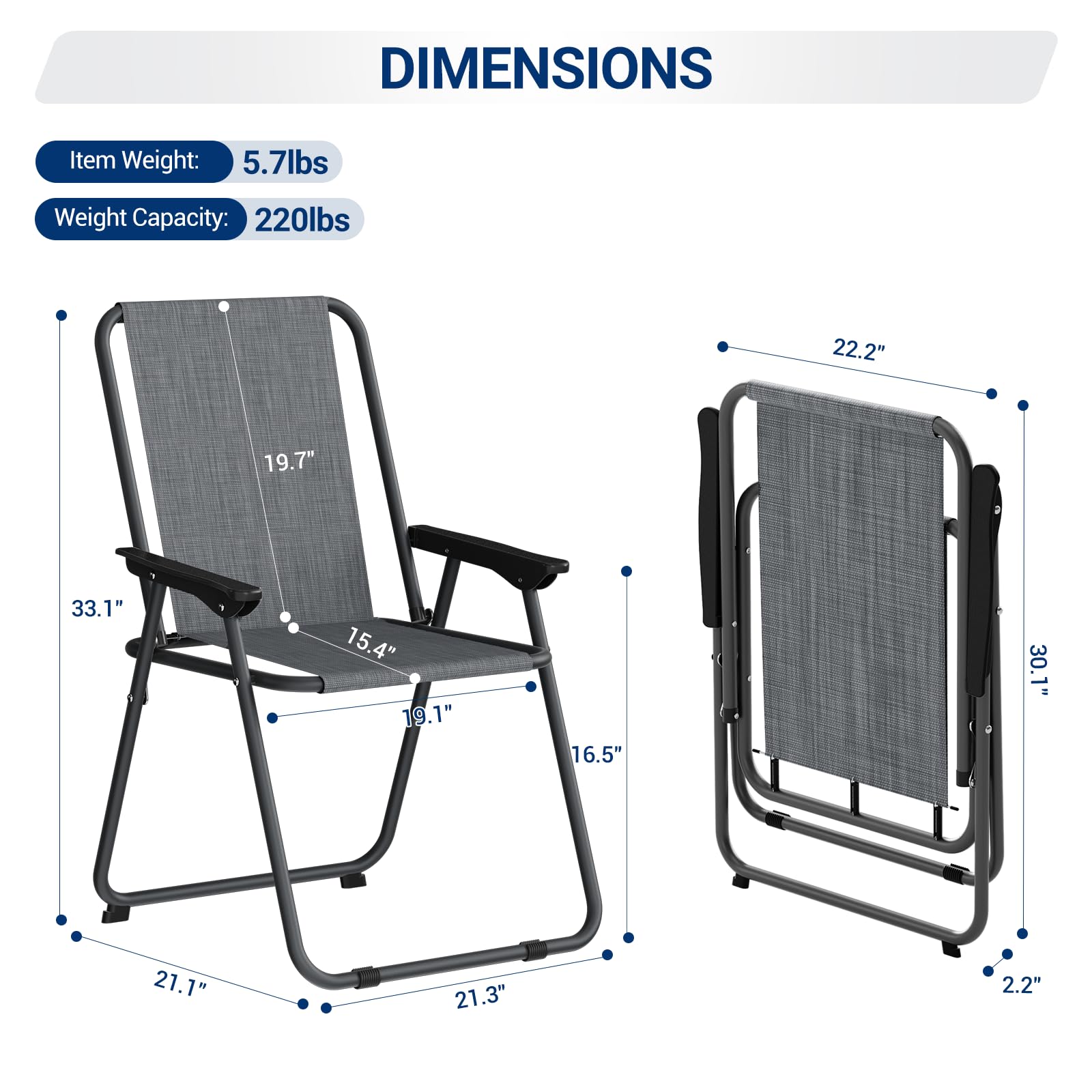UDPATIO 4-Piece Patio Dining Chair Set - Lightweight Folding Outdoor Chairs with Steel Frame & Weather-Resistant Textilene Fabric (5.7lbs Each, 220lb Capacity) - Grey - Perfect for Backyard, Poolside, Deck, and Garden Relaxation