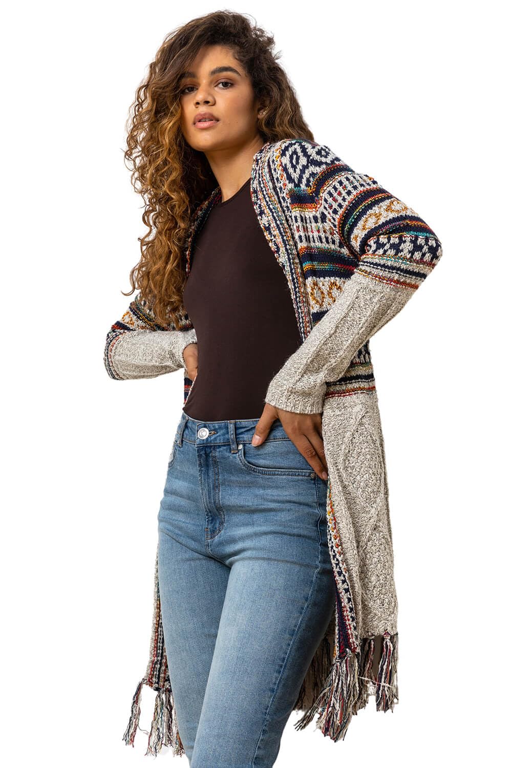 Roman Originals Women's Longline Cardigan - Cozy Open Front Coatigan with Tassel Details, Textured Yarn Pattern for Autumn & Winter | Perfect for Work, Casual Outings and Layering