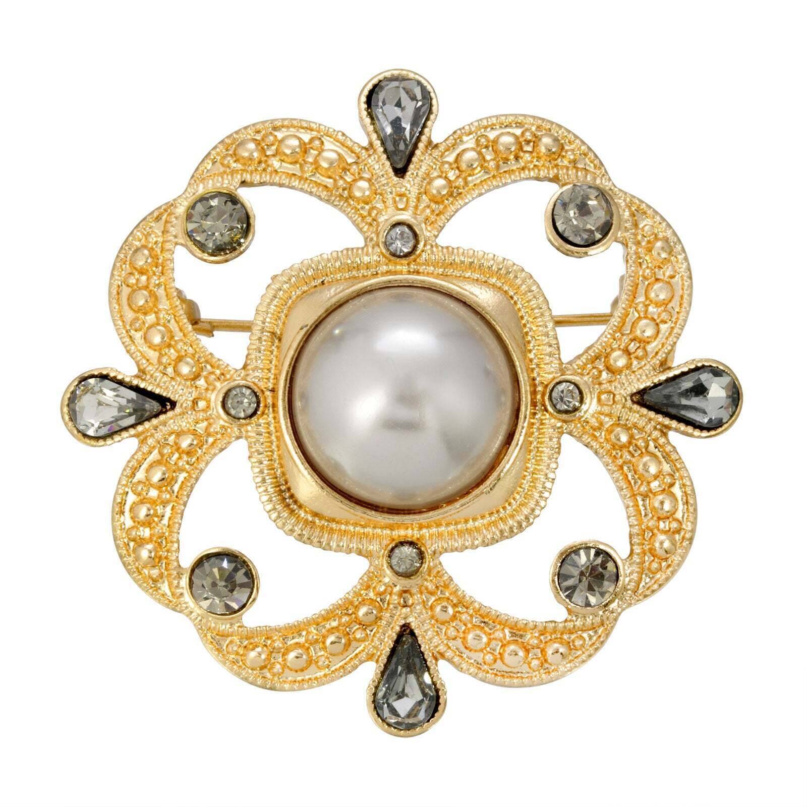 1928 Jewelry Grey Faux Pearl & Black Diamond Accent Pin Brooch - Vintage Style Jewelry for Women, Perfect for Weddings, Parties & Special Occasions