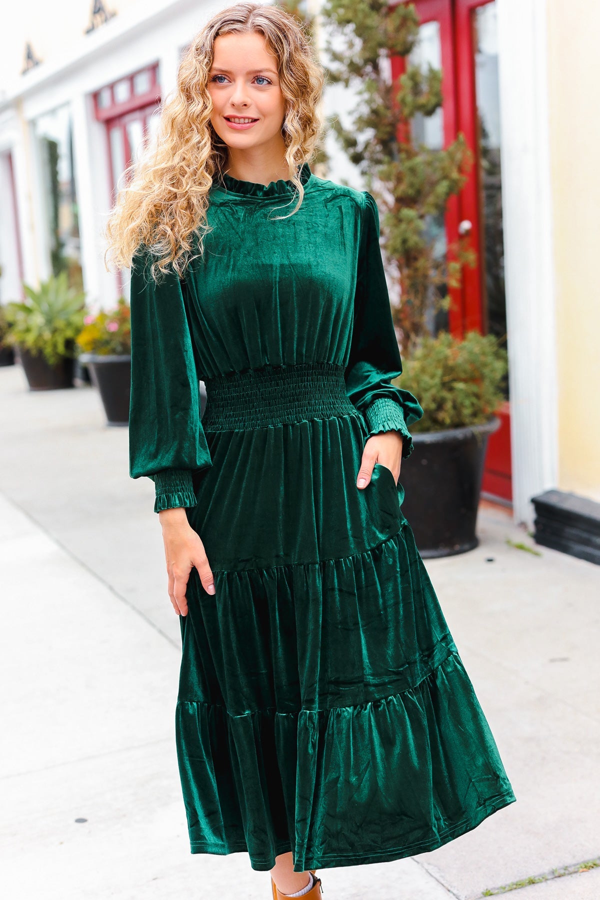 Holiday Dreaming Hunter Green Velvet Mock Neck Smocked Waist Dress for Women - Elegant Holiday Party & Christmas Dinner Outfit