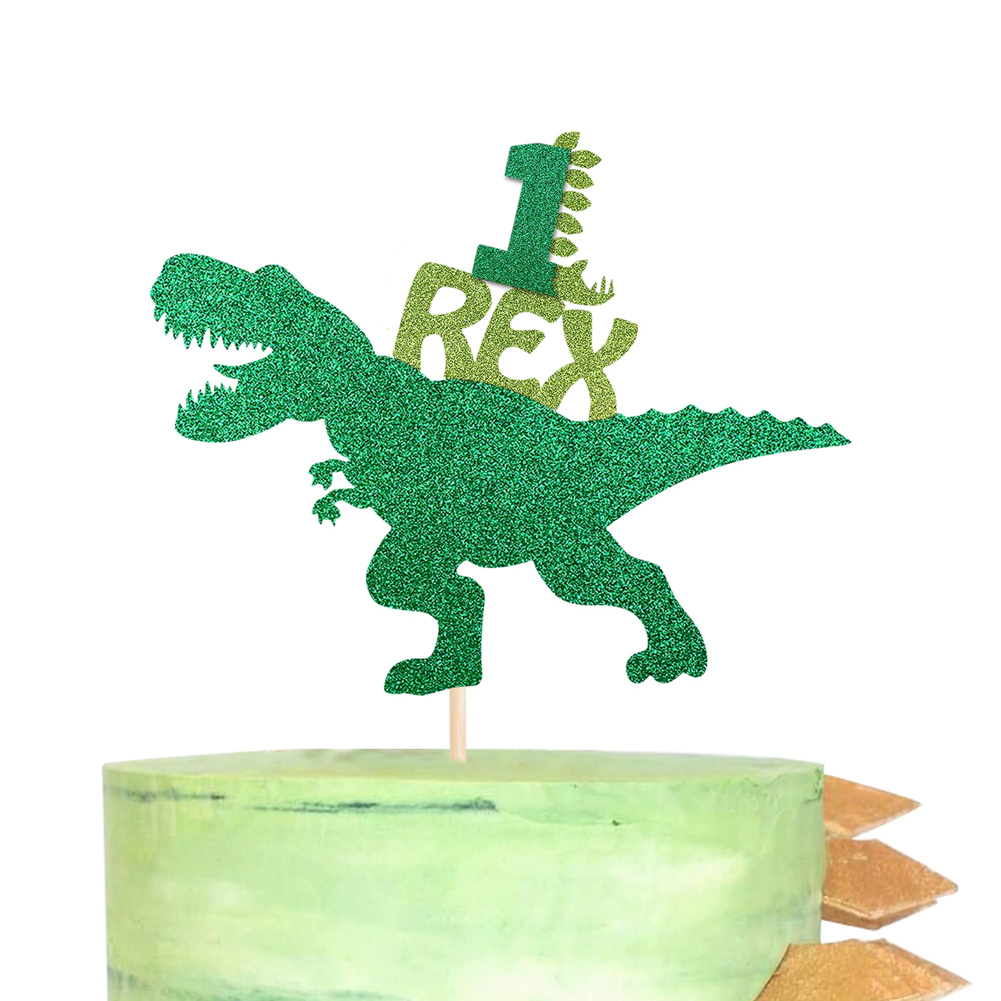 1 Pack Glitter T-Rex Dinosaur Cake Topper - Happy 1st Birthday Party Decorations, Baby Shower Supplies, Dinosaur Theme Cake Decor for Kids Birthday Celebrations & Special Occasions
