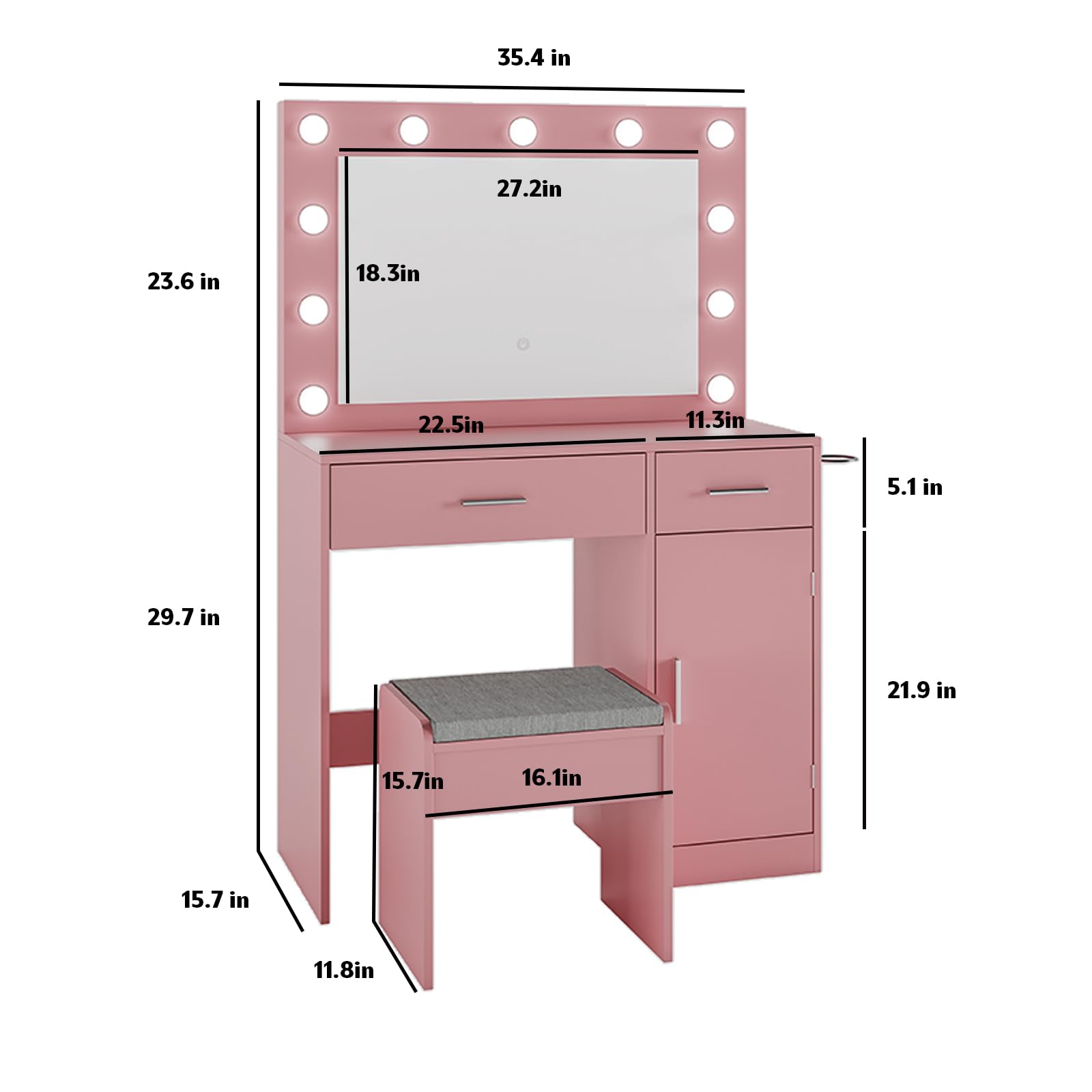 Pink Vanity Desk with Mirror, Large Drawer & Built-in Power Outlet - 11 LED Bulbs, 3 Adjustable Lighting Modes, Makeup Dressing Table for Bedroom, Perfect for Applying Makeup & Skincare Routine