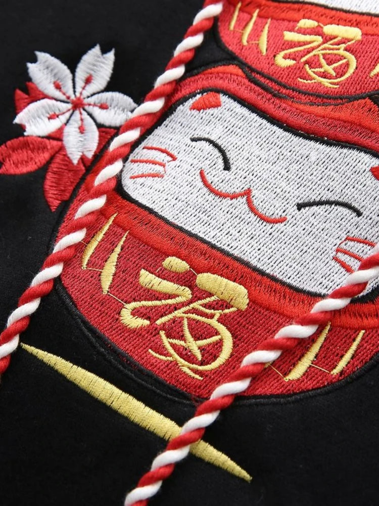 Black Fleece Hooded Sweatshirt for Women - Harajuku Style Oversized Pullover with Chinese Embroidery | Winter Warm Fleece Hoodie | Perfect for Casual Wear, Street Fashion and Cold Weather Outfits